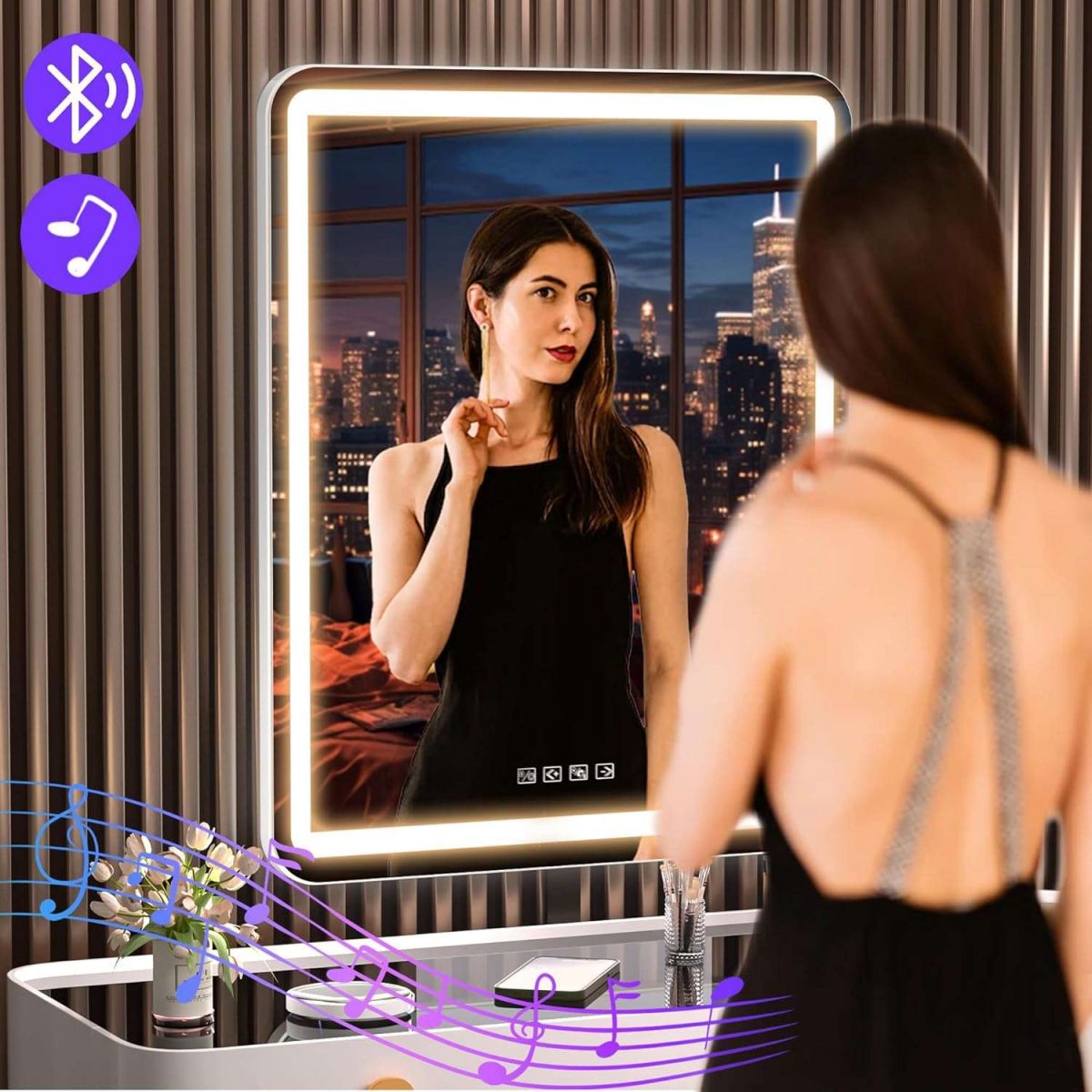HASIPU 20" x 25" Vanity Mirror with Lights, LED Makeup Mirror, Bluetooth, Round White