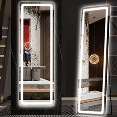 Hasipu Full Length Mirror with Lights, 56" x 16" LED Floor Mirror, Full Body Dressing Standing Mirror, Hanging Mounted Mirror for Living Room Bedroom Cloakroom, Round Black