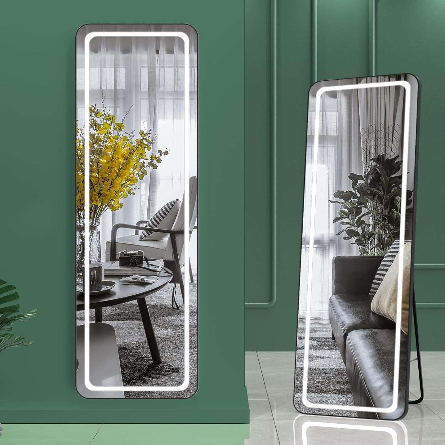 HAISPU Full Length Mirror, Lighted LED Door Mirror, Round Black