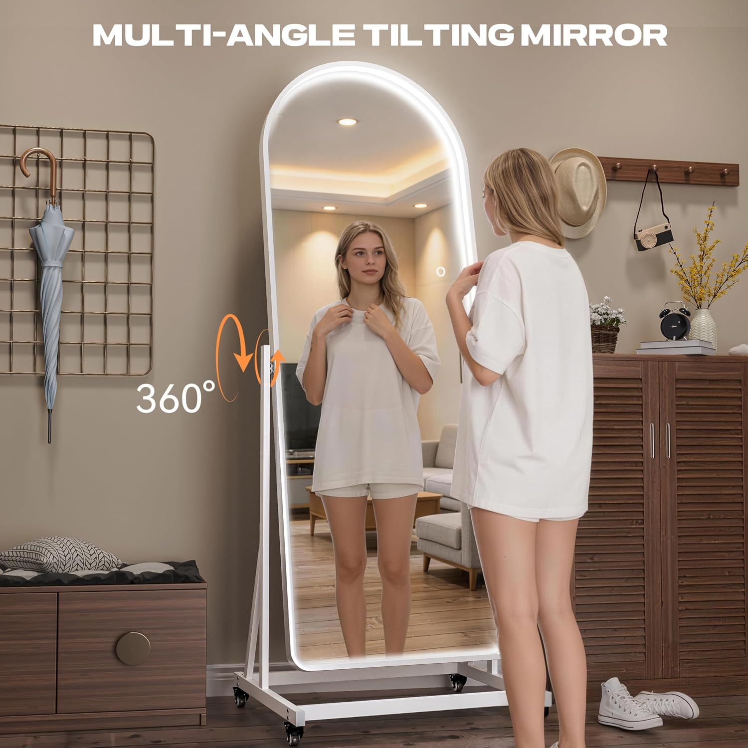 Hasipu Arched Full Length Rolling Mirror on Wheels with Light KM-MOVE-A-BB