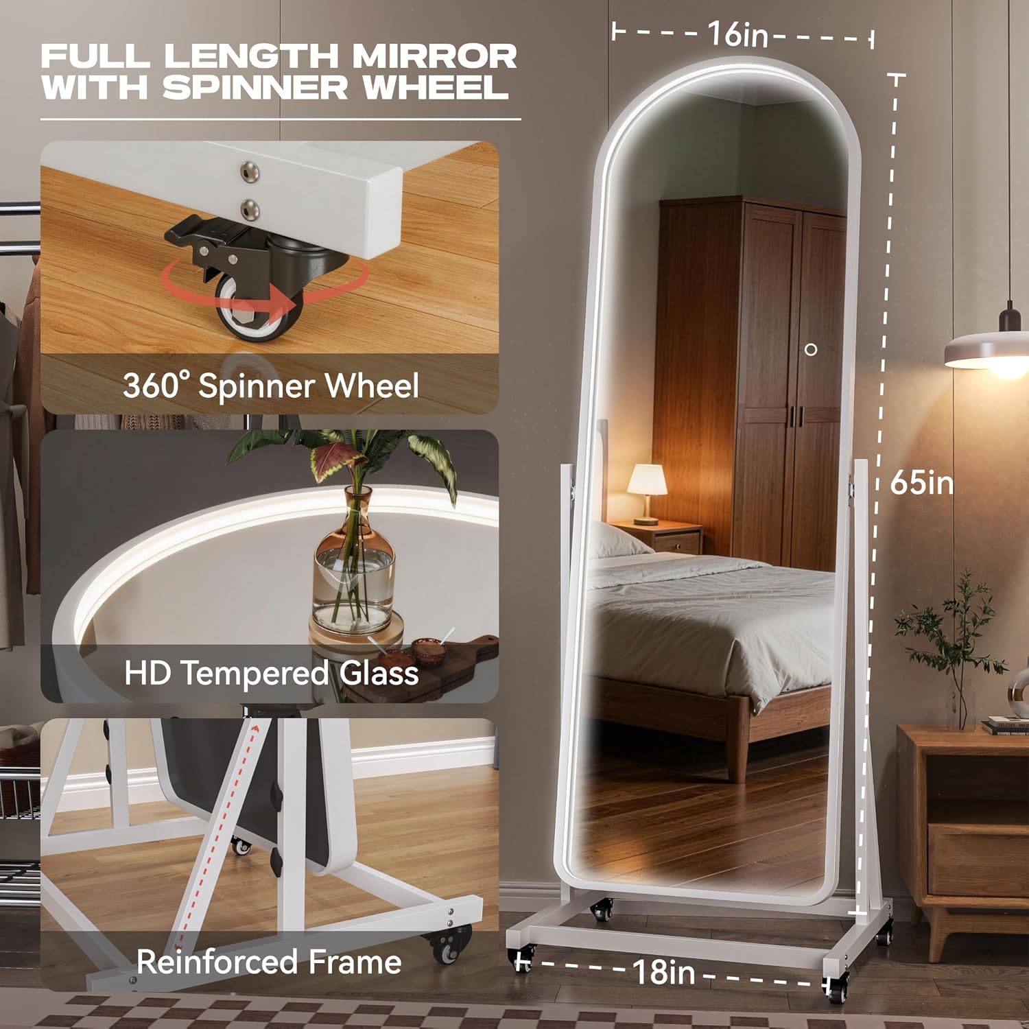 Hasipu Arched Full Length Rolling Mirror on Wheels with Light KM-MOVE-A-BB