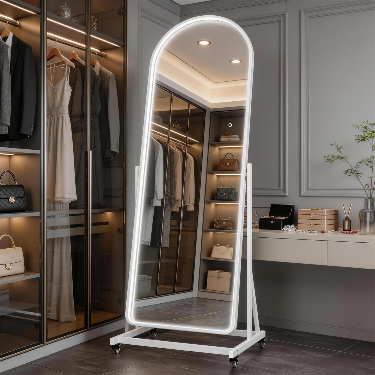 Hasipu Arched Full Length Rolling Mirror on Wheels with Light KM-MOVE-A-BB
