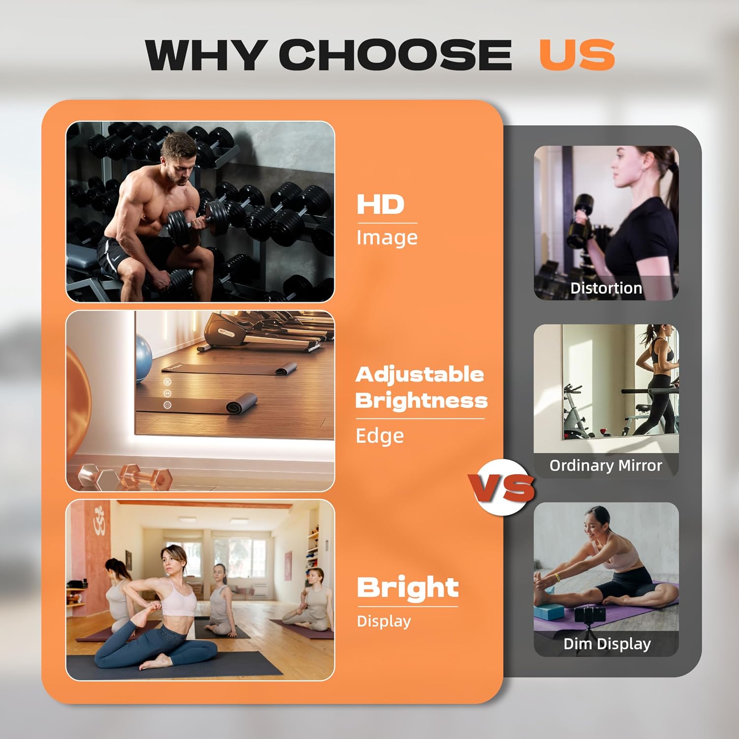 Hasipu Large Frameless Bathroom Mirror with Lights For Yoga and Fitness KM-WKDJ