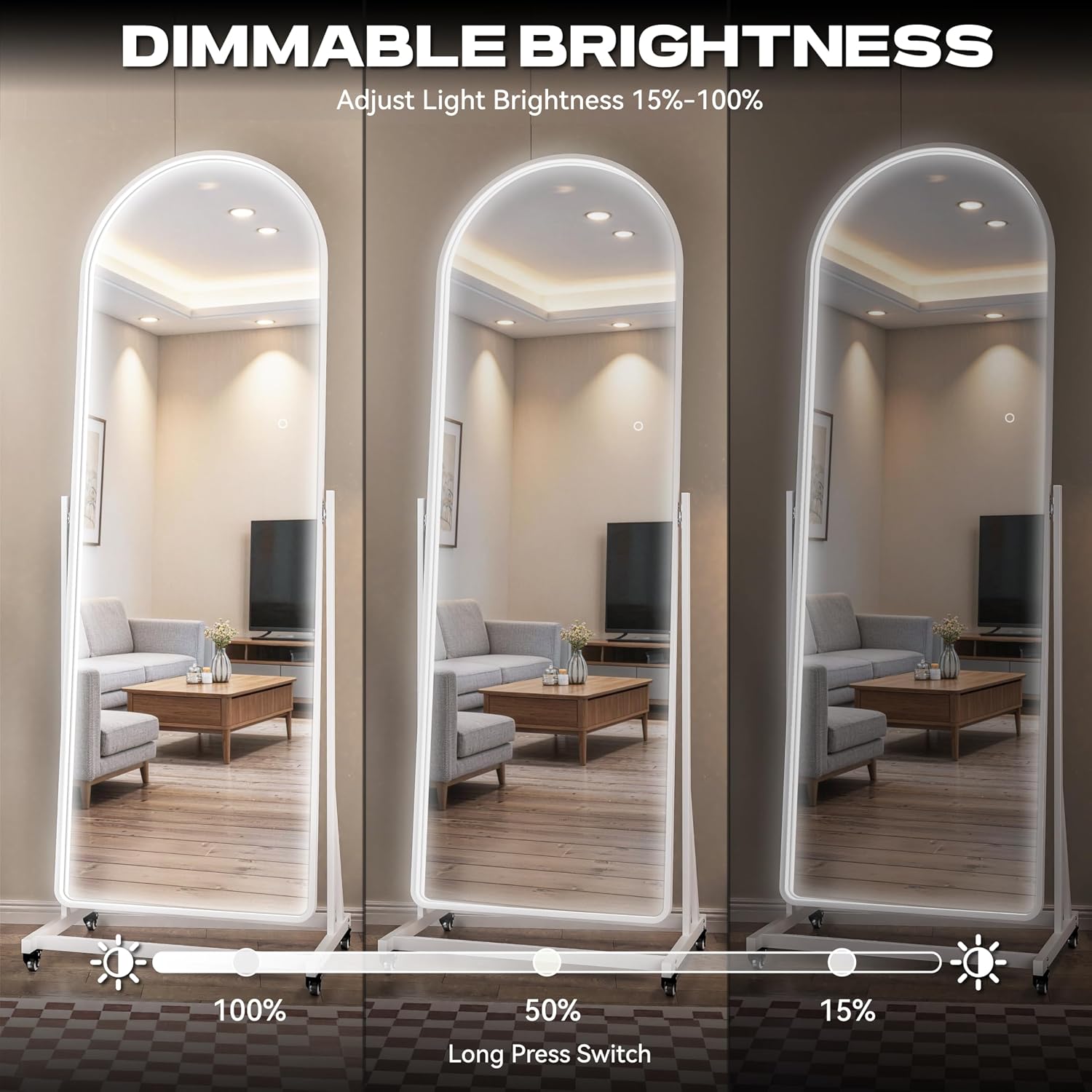 Hasipu Arched Full Length Rolling Mirror on Wheels with Light KM-MOVE-A-BB