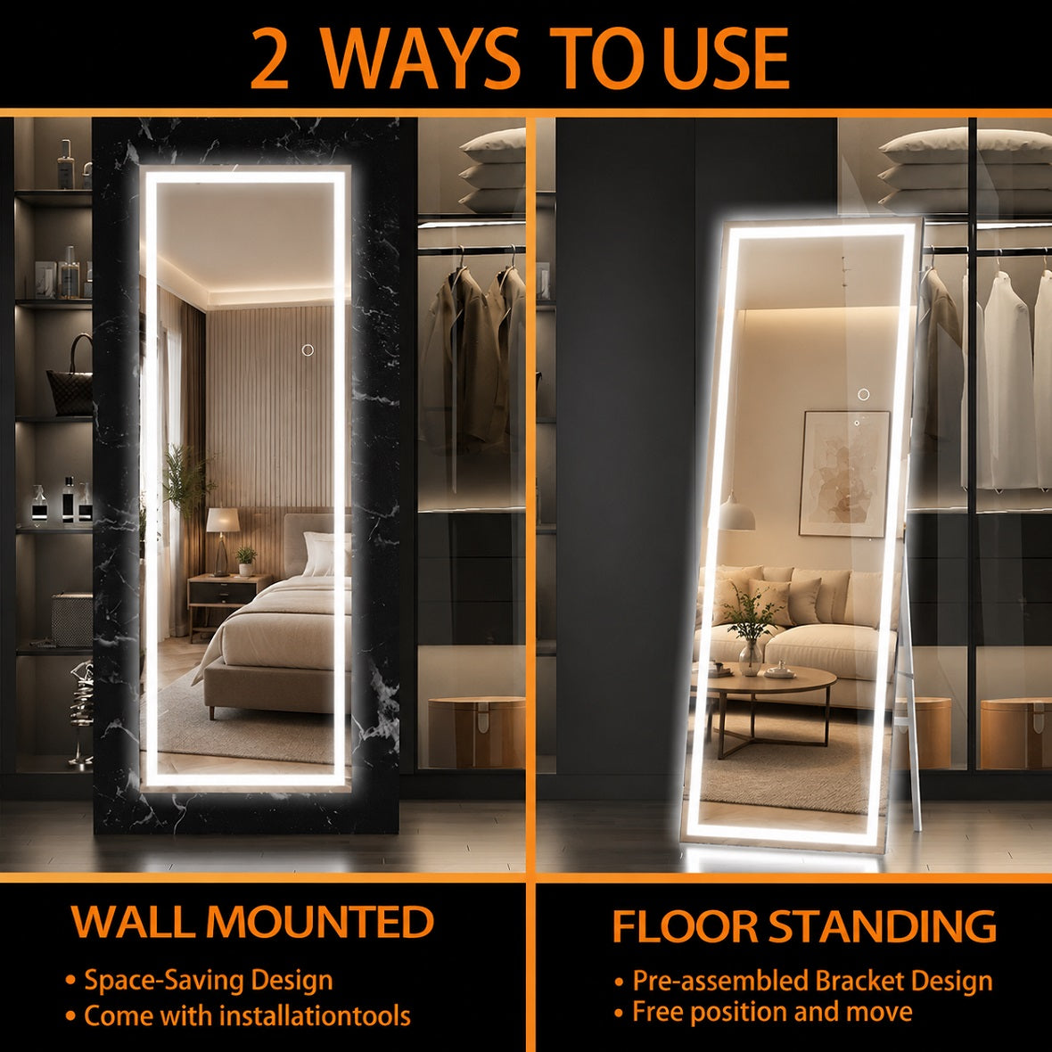 Hasipu Rectangular LED Full-Length Mirror with Lights – KM-LED