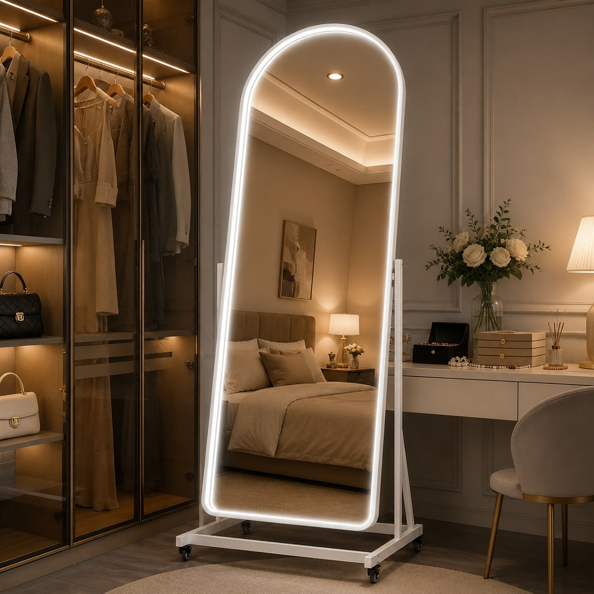 Hasipu Arched Full Length Rolling Mirror on Wheels with Light KM-MOVE-A-BB
