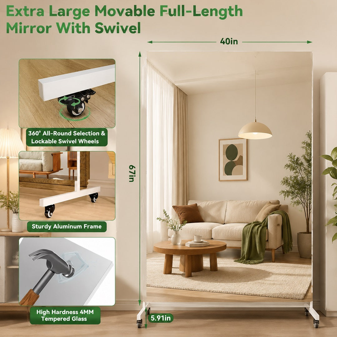 Hasipu Rectangle Full-Length Mirror on Wheels for Home Gym – KM-MOVE-R