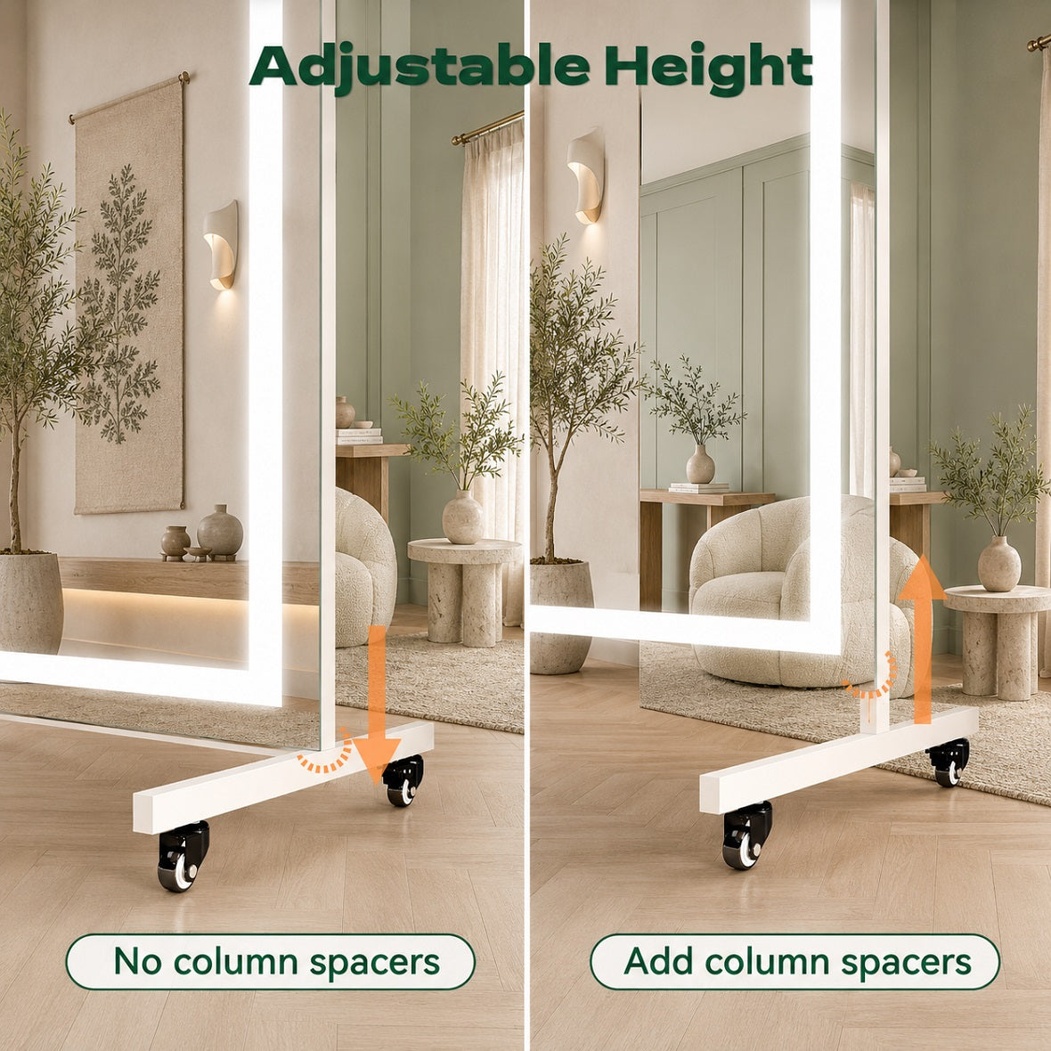 Hasipu Large Rectangle Full-Length Mirror on Wheels with Lights – KM-MOVE-S