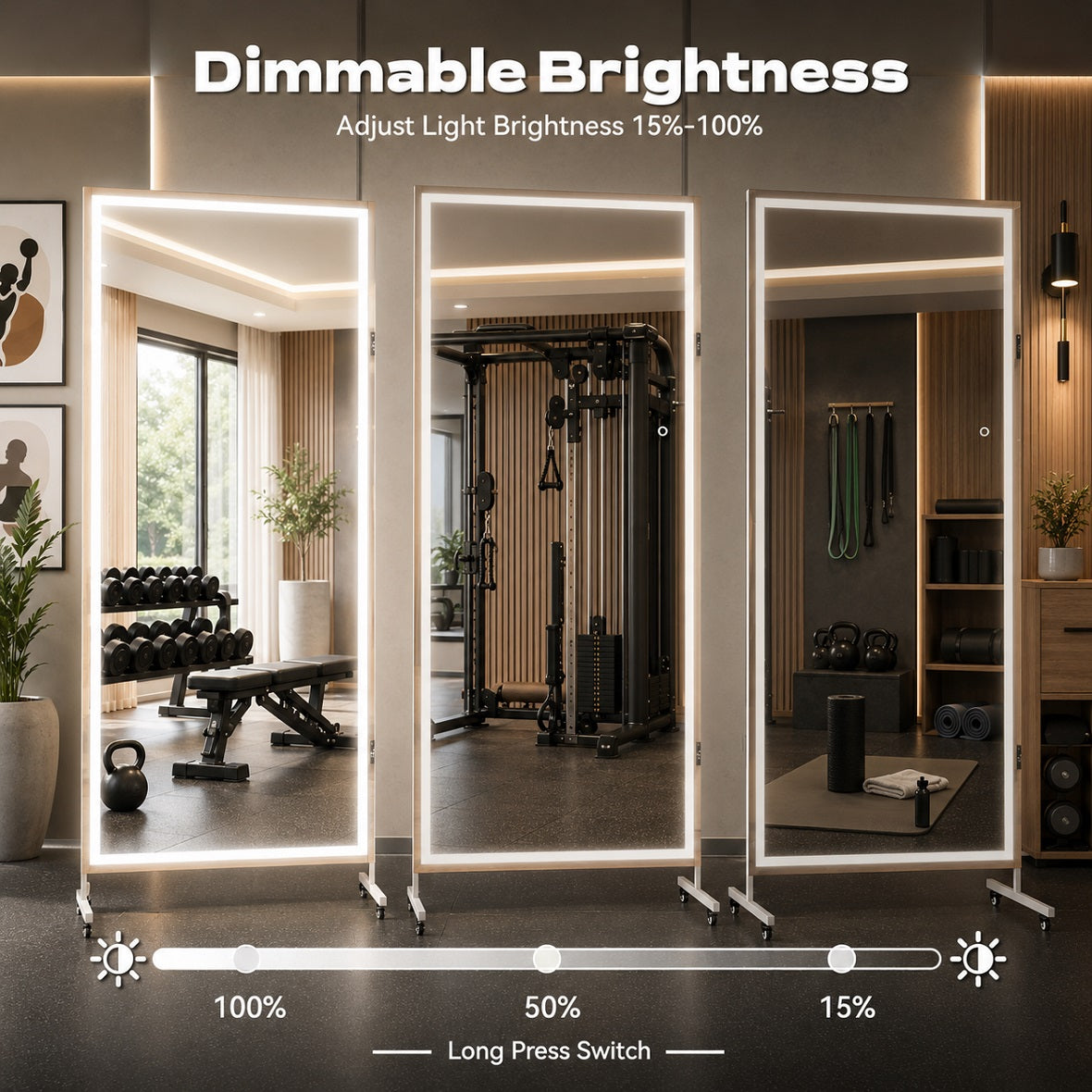 Hasipu Large Rectangle Full-Length Mirror on Wheels with Lights – KM-MOVE-S