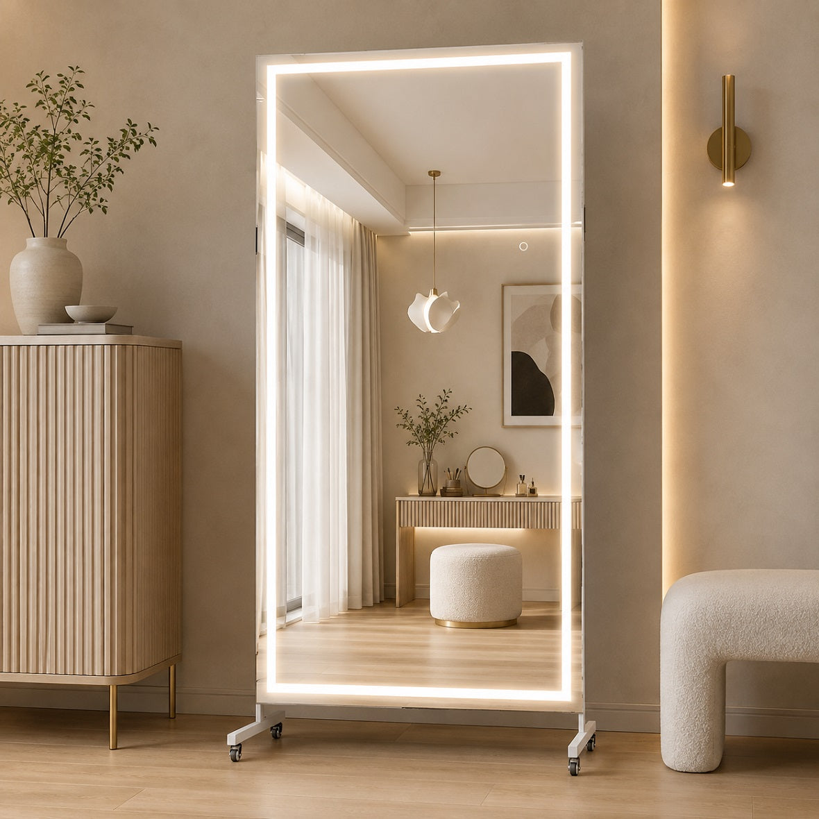 Hasipu Large Rectangle Full-Length Mirror on Wheels with Lights – KM-MOVE-S