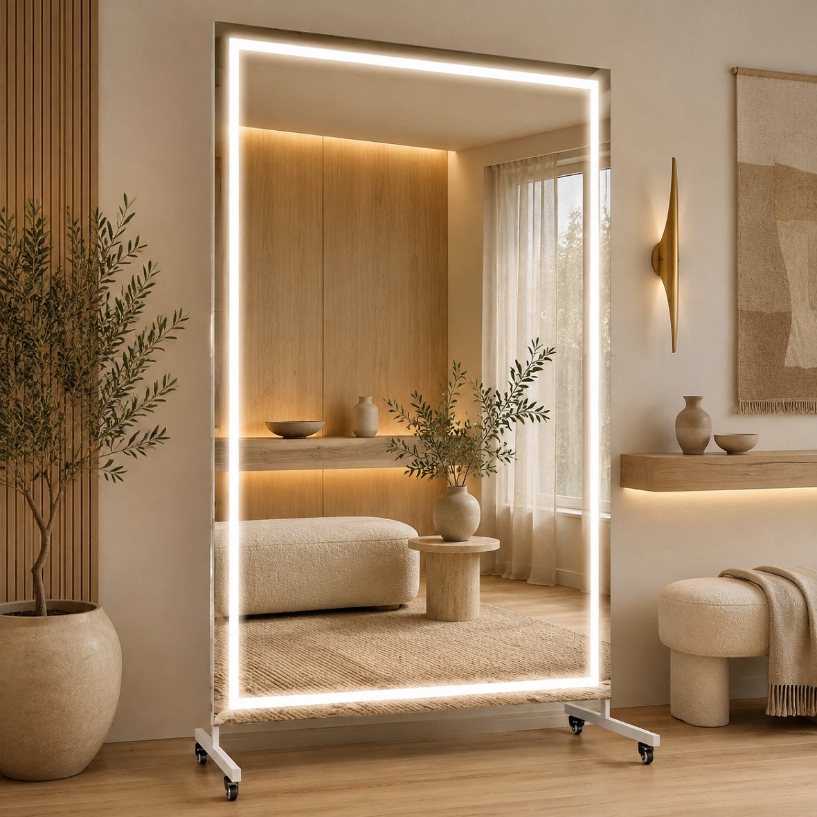 Hasipu Large Rectangle Full-Length Mirror on Wheels with Lights – KM-MOVE-S
