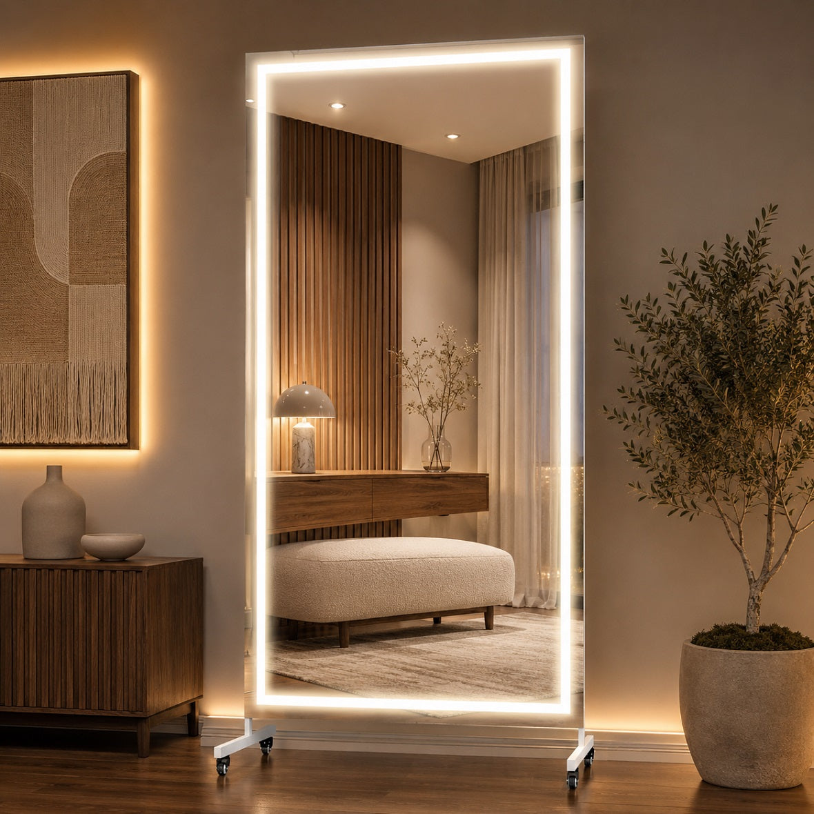 Hasipu Large Rectangle Full-Length Mirror on Wheels with Lights – KM-MOVE-S