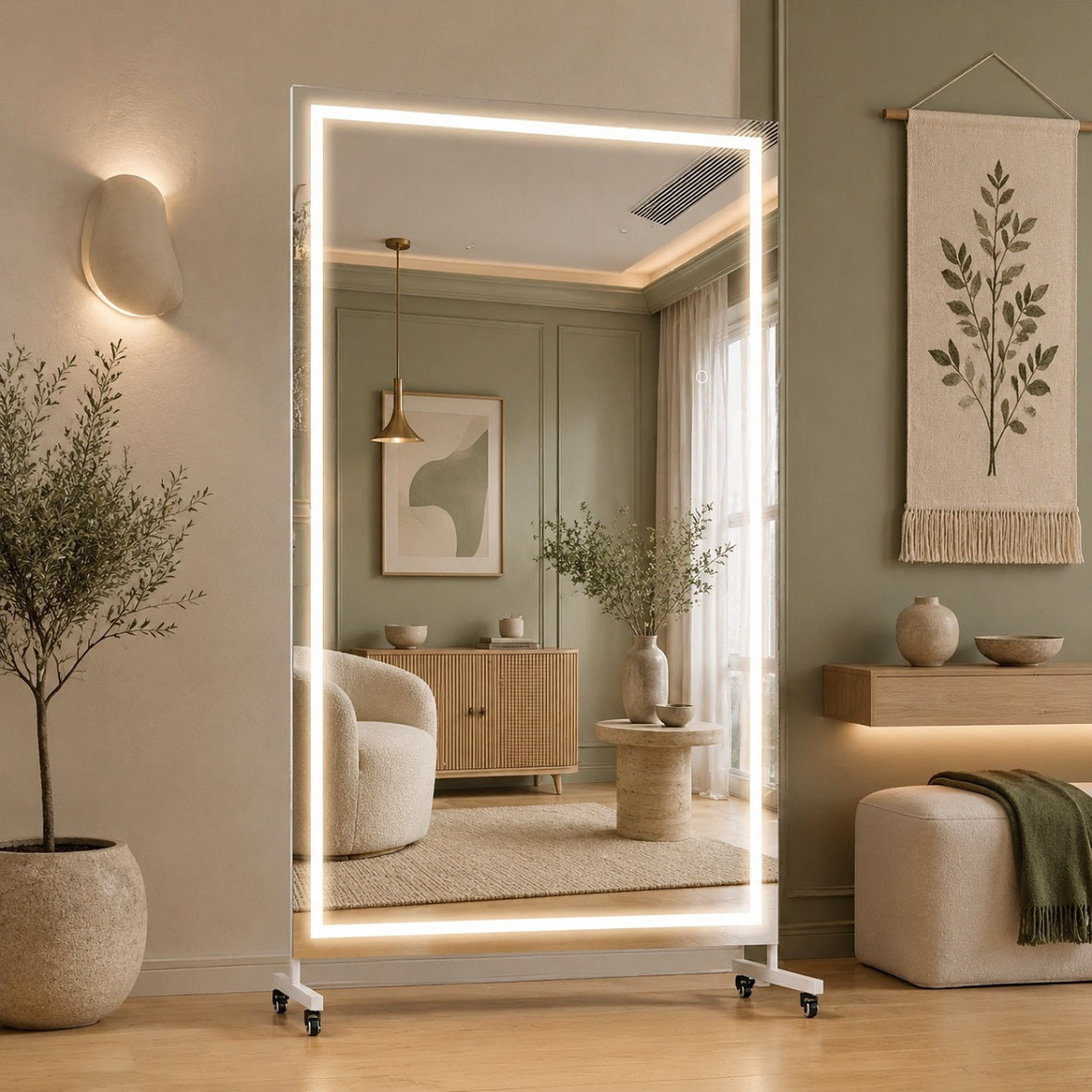 Hasipu Large Rectangle Full-Length Mirror on Wheels with Lights – KM-MOVE-S