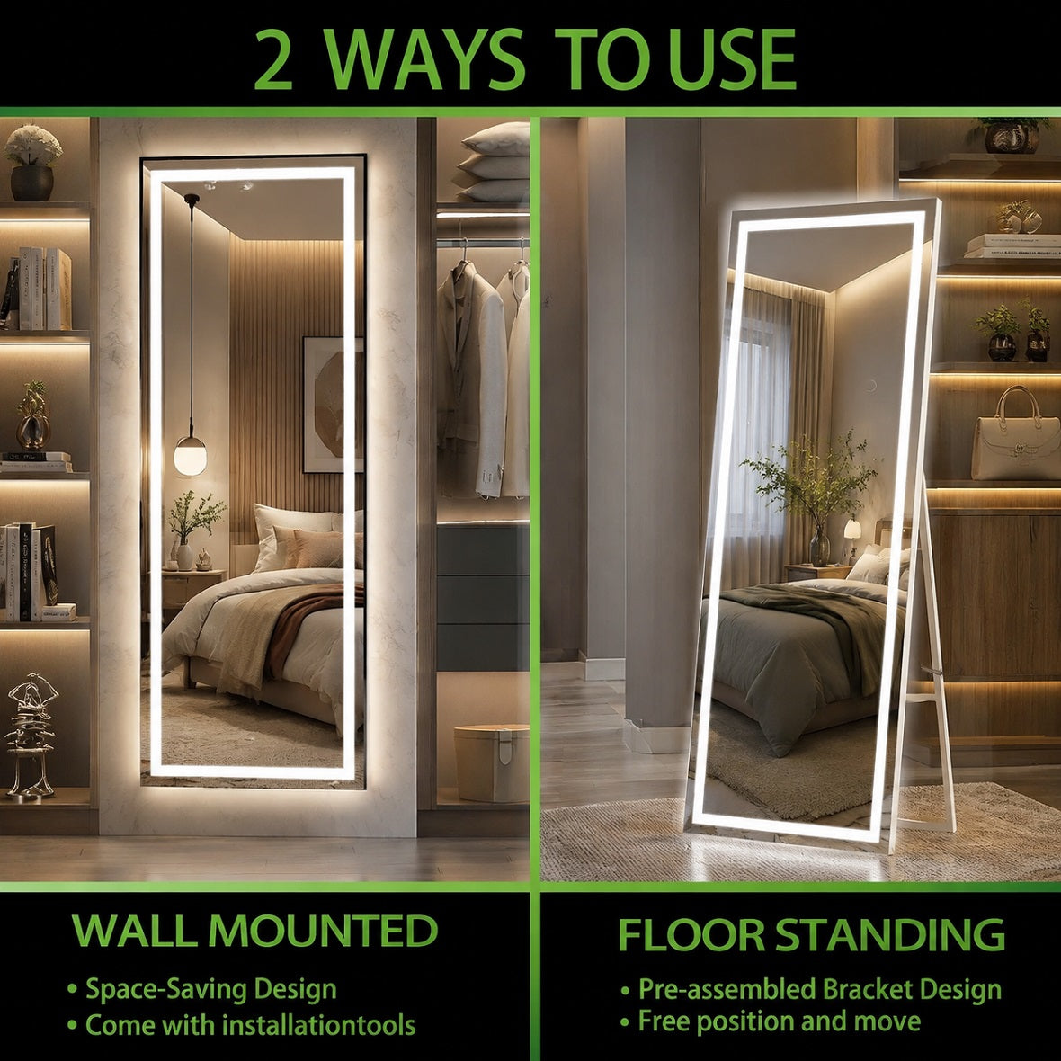 Hasipu LED Full Length Mirror with Lights, Dimmable Standing Floor Mirror LD007