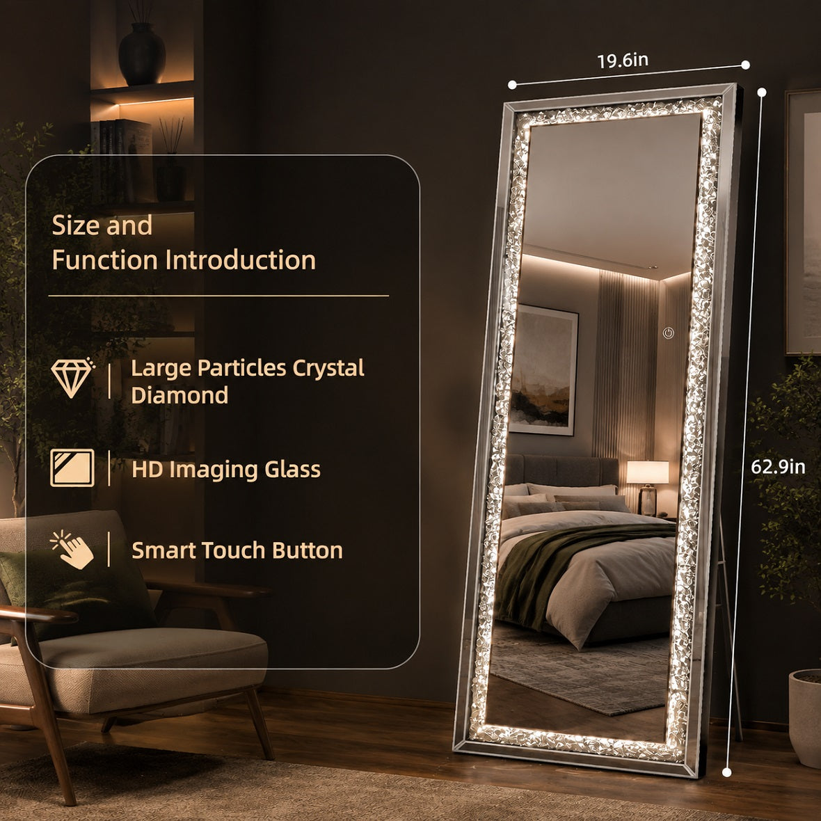 Hasipu Rectangle LED Diamond Full Length Mirror with Crystal Crush Diamond Design