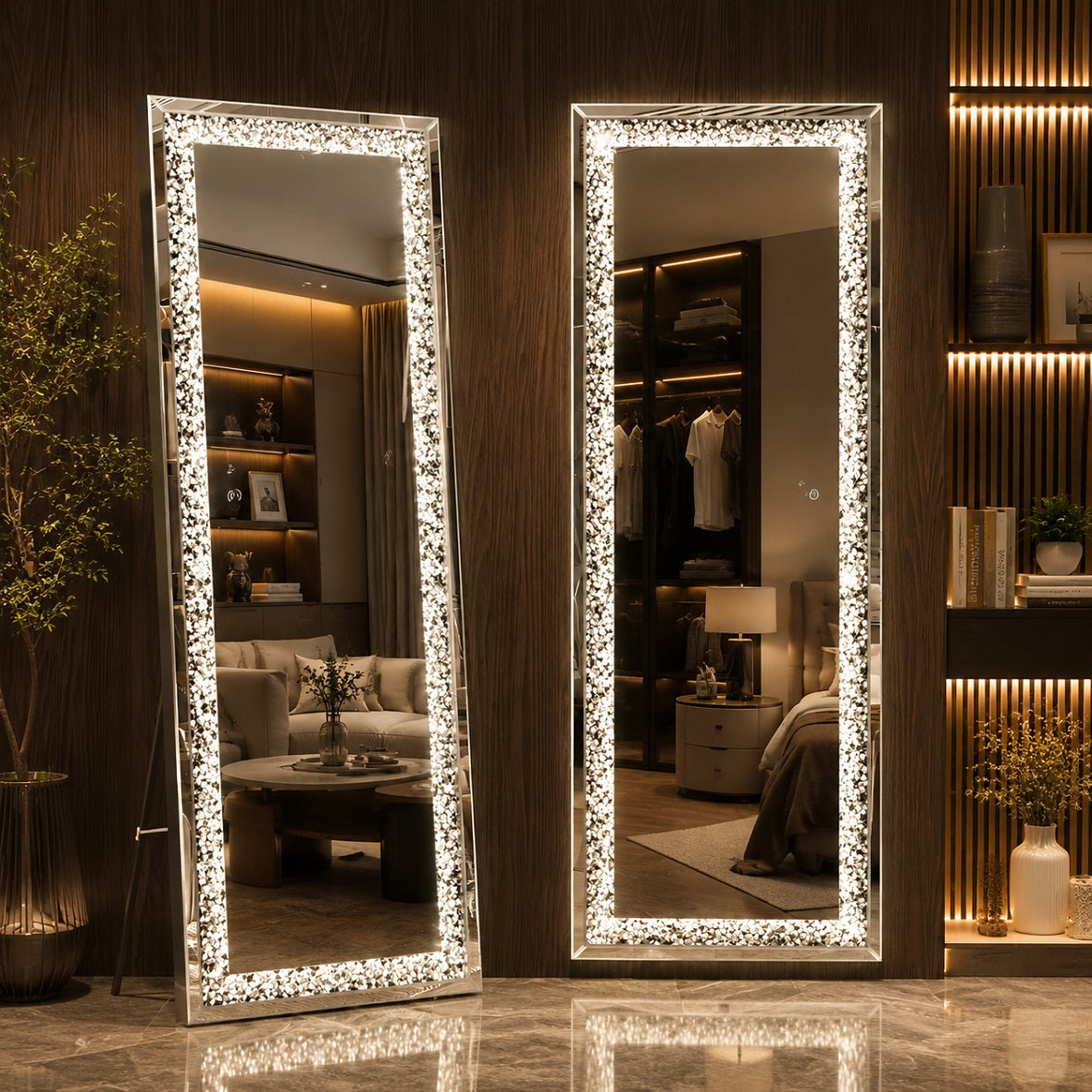 Hasipu Rectangle LED Diamond Full Length Mirror with Crystal Crush Diamond Design