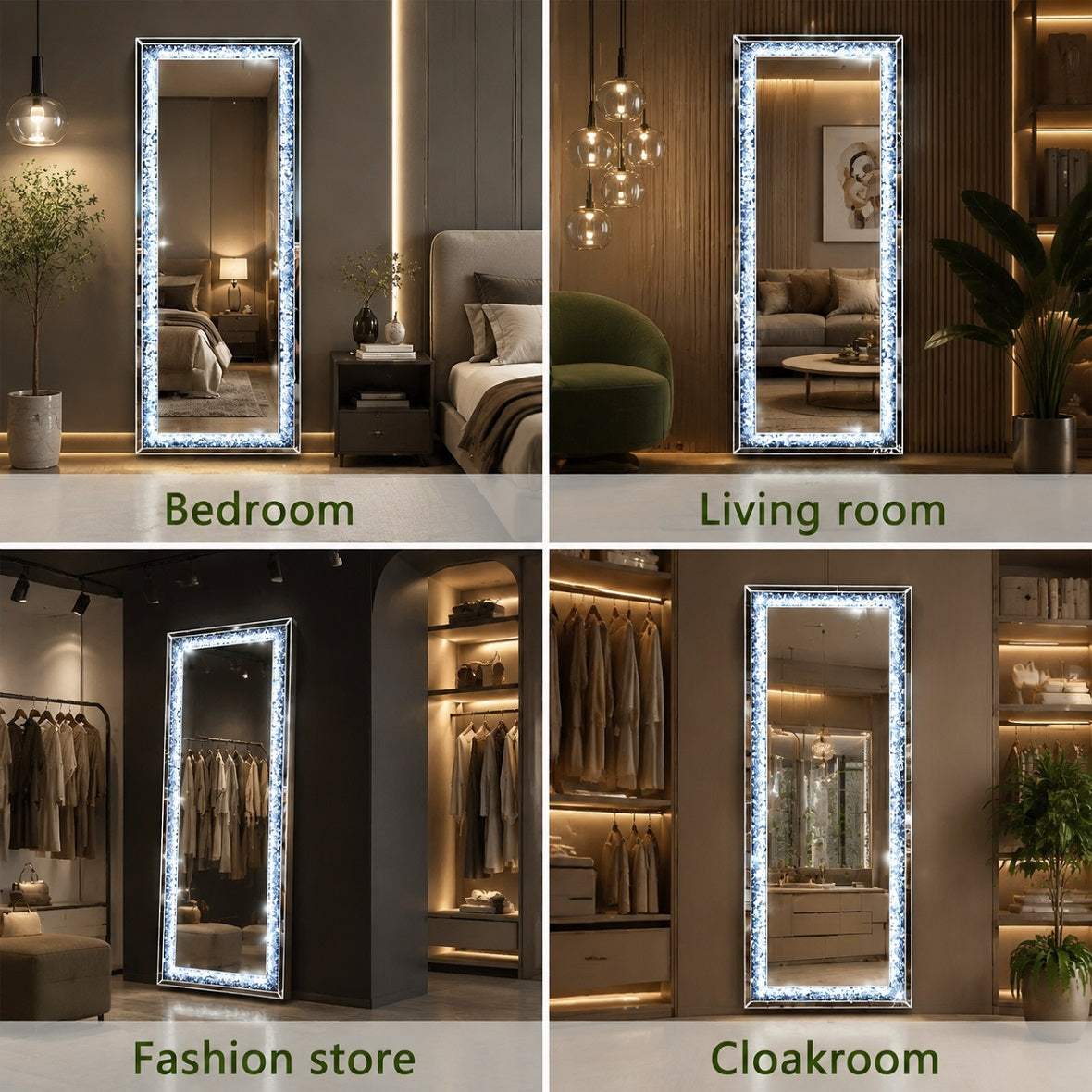 Hasipu Rectangle LED Diamond Full Length Mirror with Crystal Crush Diamond Design