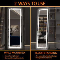 Hasipu Full Length Mirror with Lights, 56" x 16" LED Floor Mirror, Full Body Dressing Standing Mirror, Hanging Mounted Mirror for Living Room Bedroom Cloakroom, Round Black