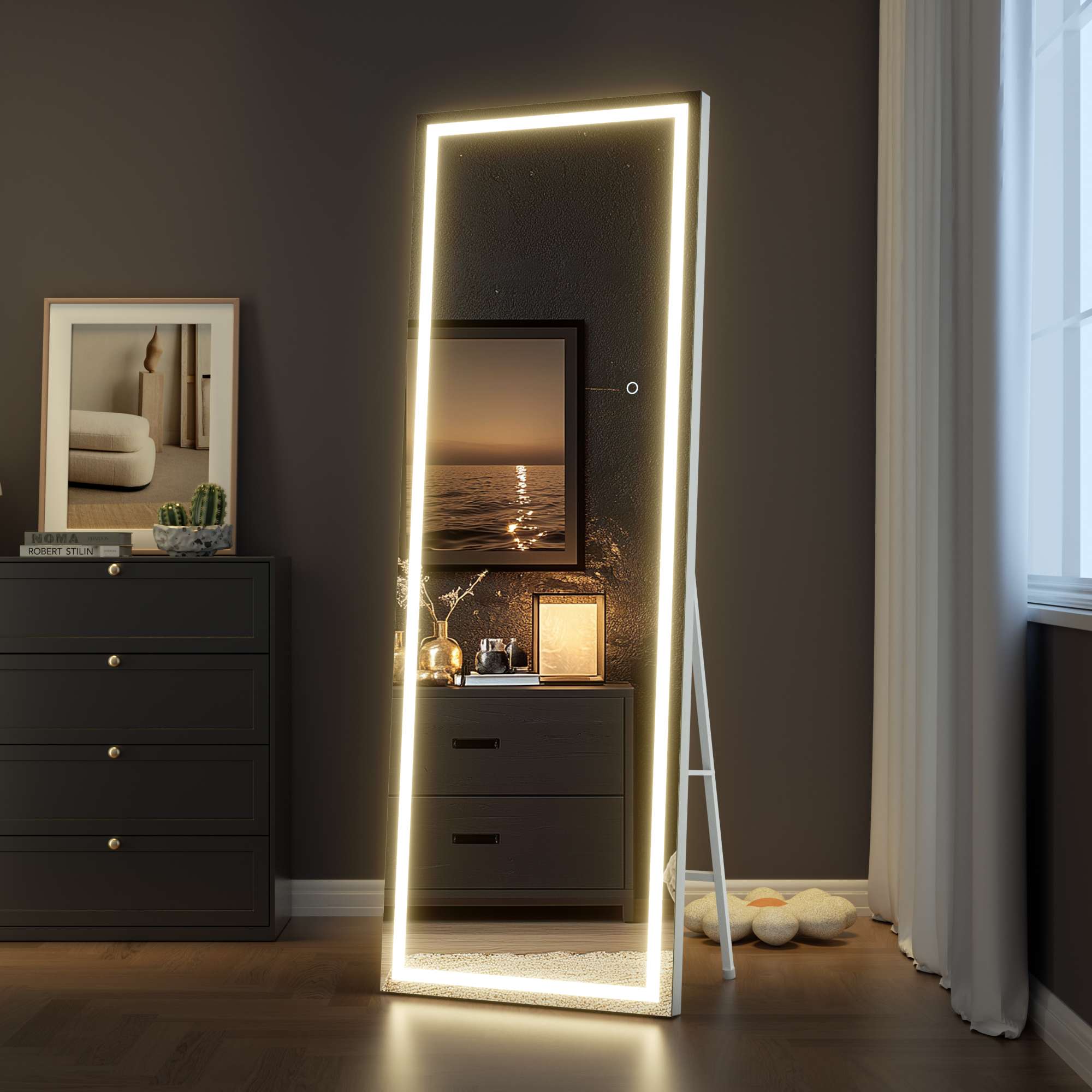 HASIPU Full Length Mirror with Light, Standing Mirror, Tempered Glass, White