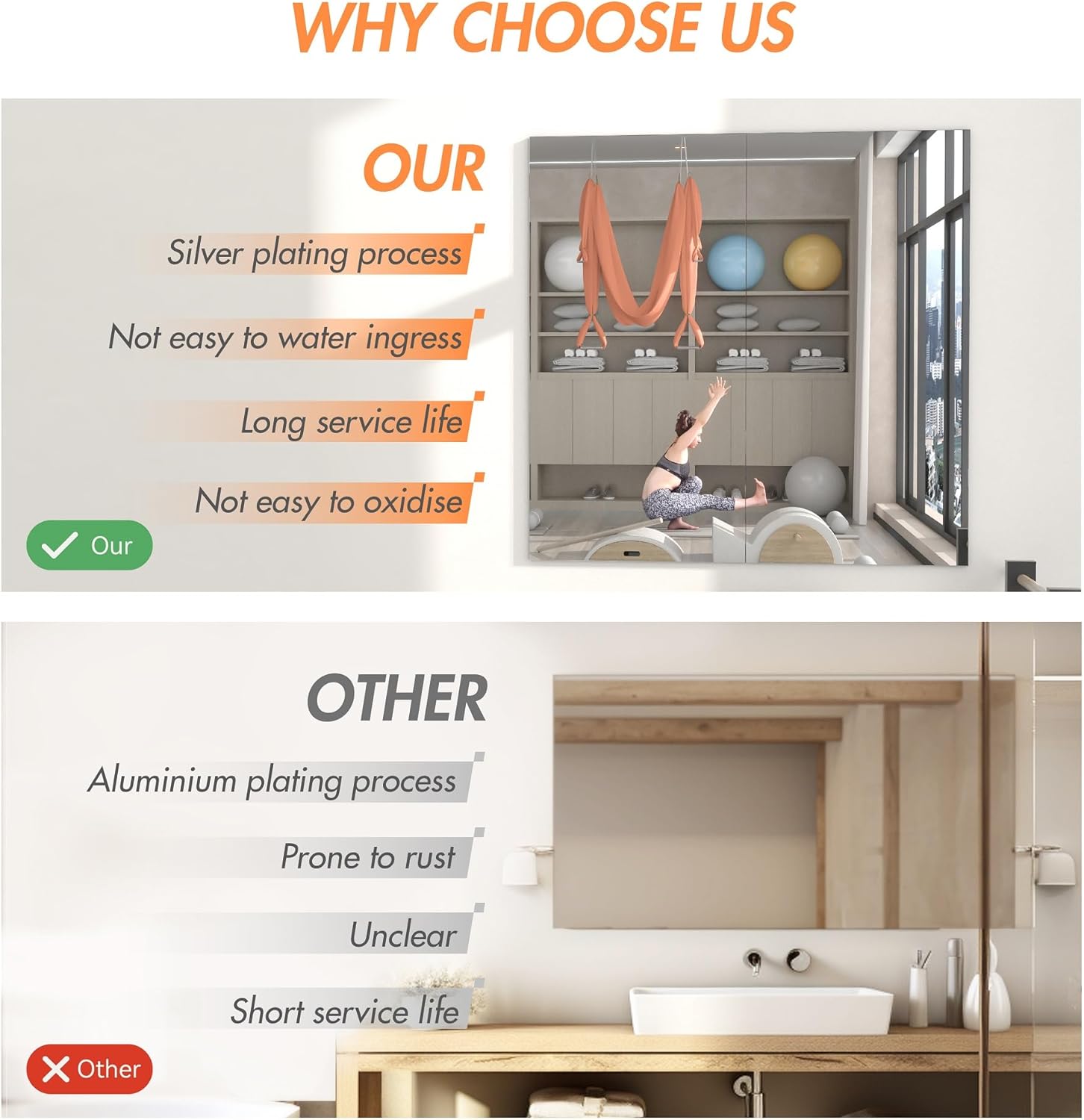 HASIPU Frameless Mirrors, Wall Mounted Mirror,Bathroom mirror