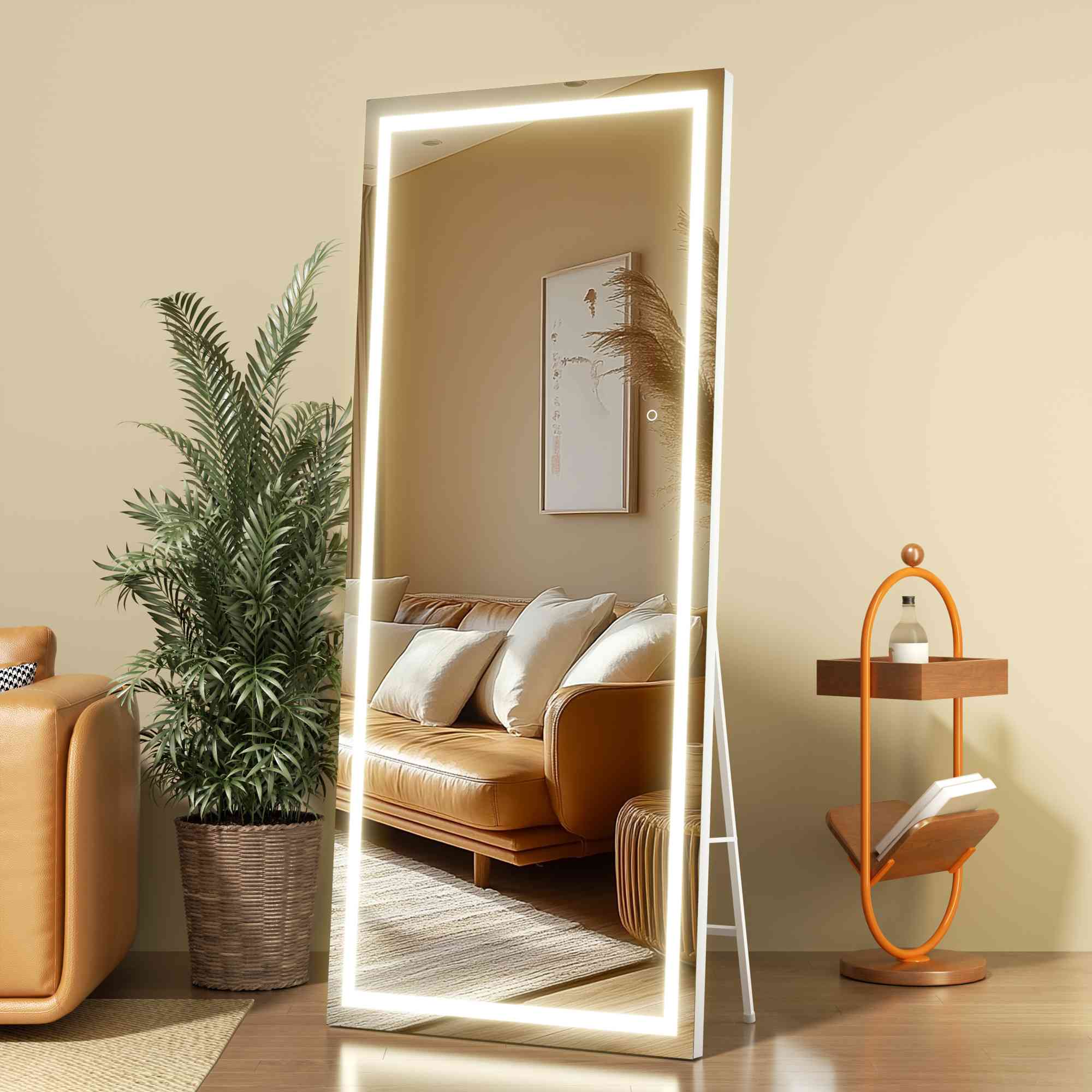 HASIPU Full Length Mirror with Light, Standing Mirror, Tempered Glass, White