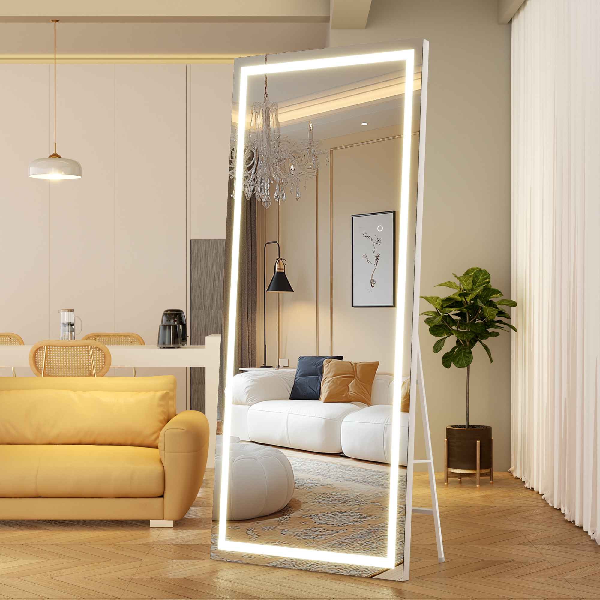 HASIPU Full Length Mirror with Light, Standing Mirror, Tempered Glass, White