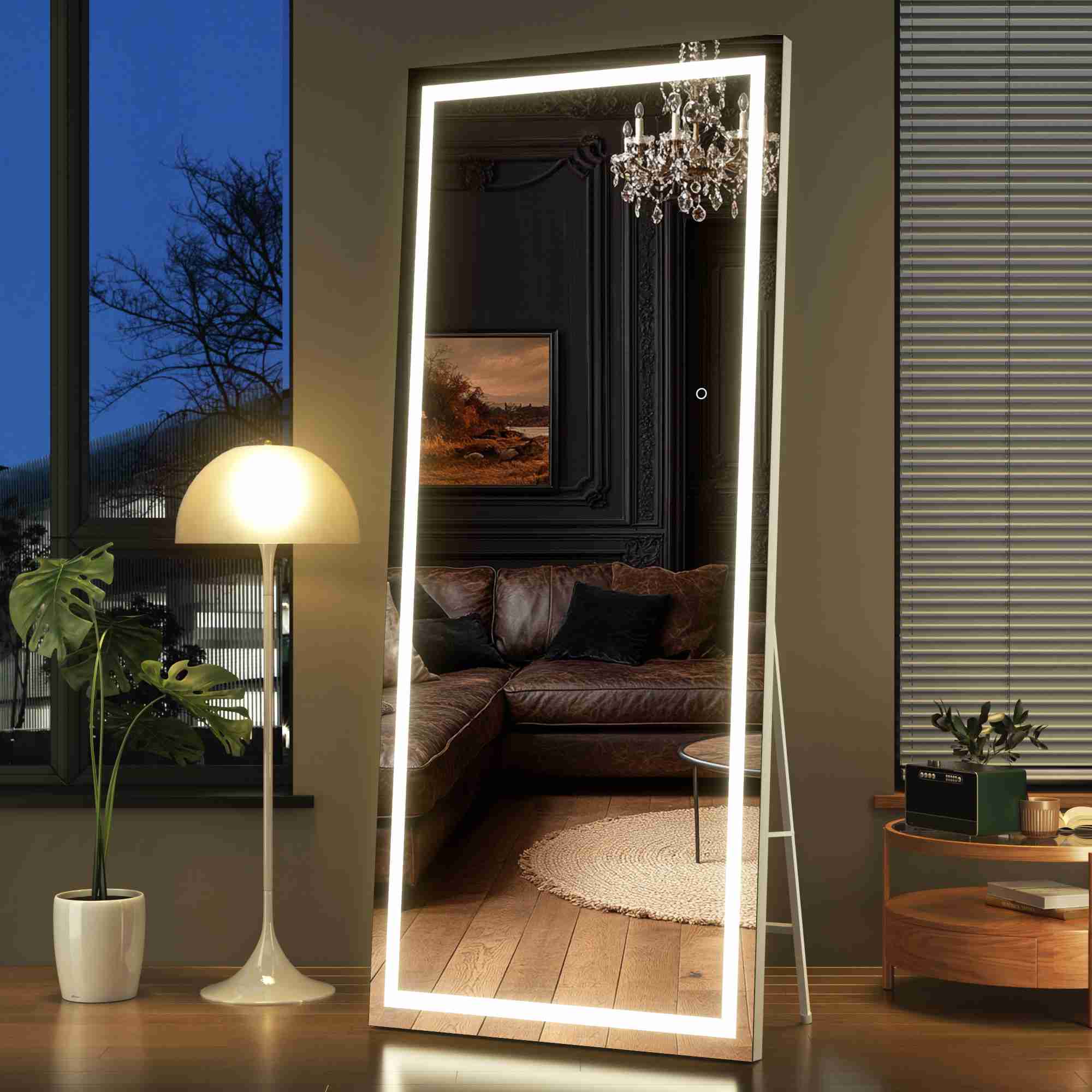 HASIPU Full Length Mirror with Light, Standing Mirror, Tempered Glass, White