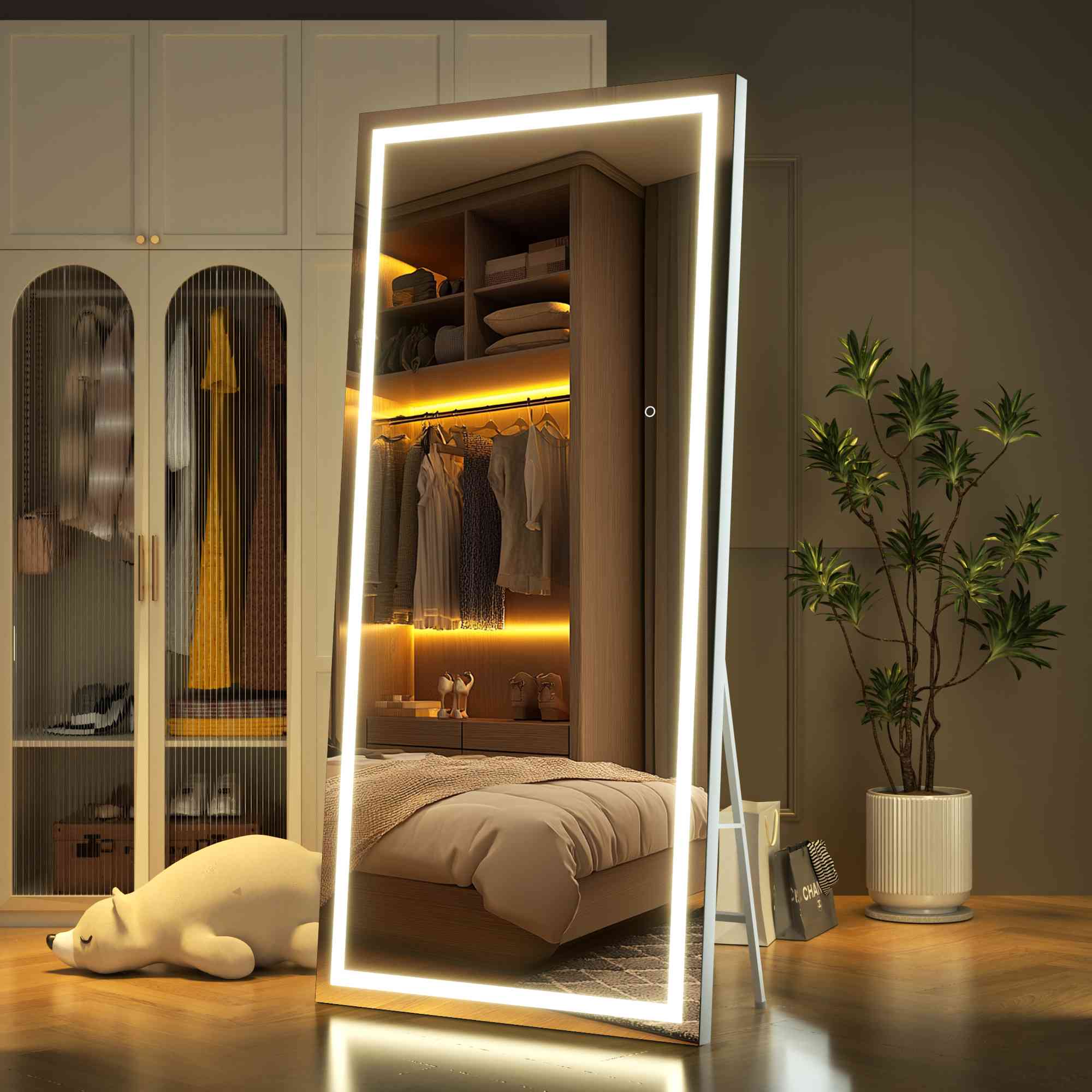 HASIPU Full Length Mirror with Light, Standing Mirror, Tempered Glass, White