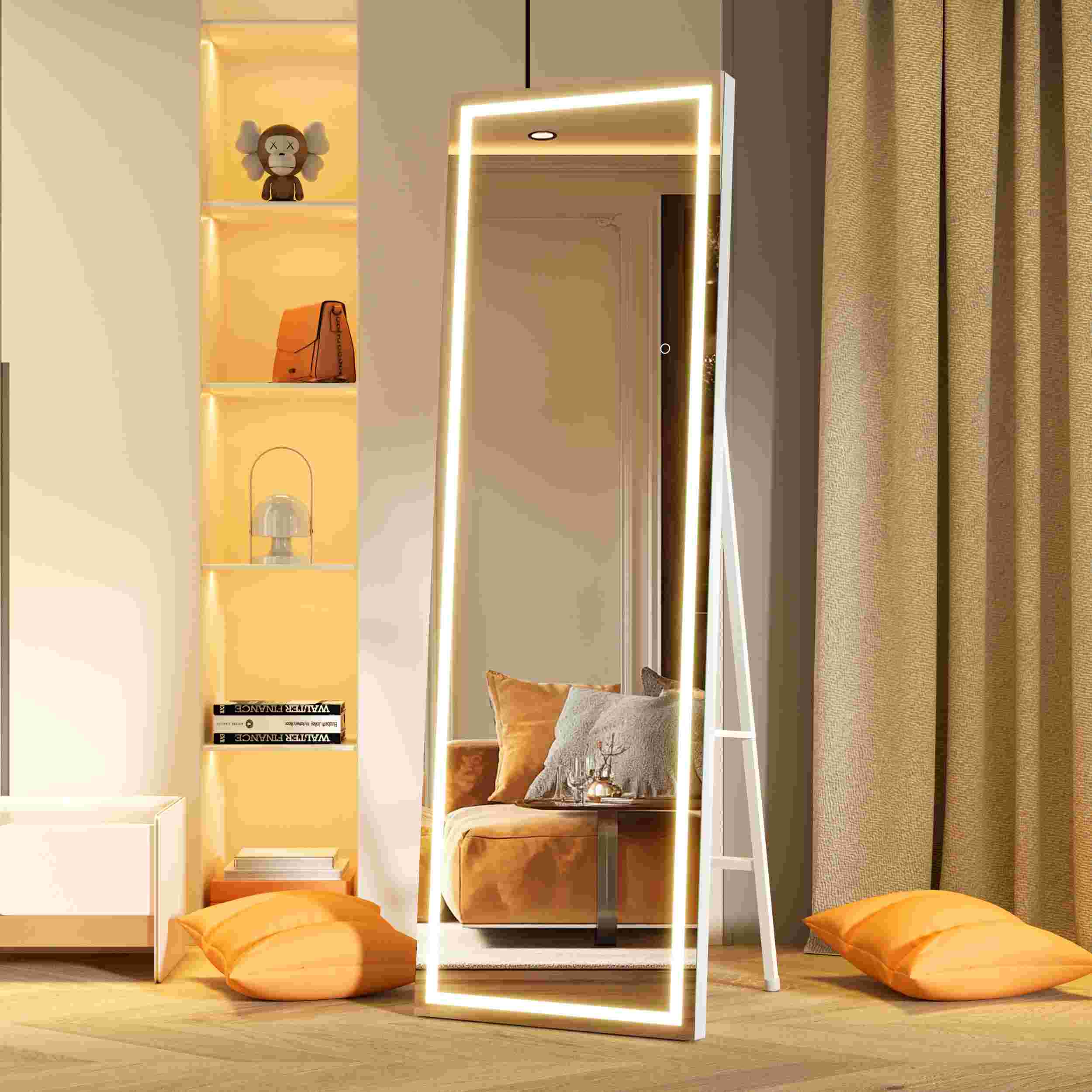 HASIPU Full Length Mirror with Light, Standing Mirror, Tempered Glass, White