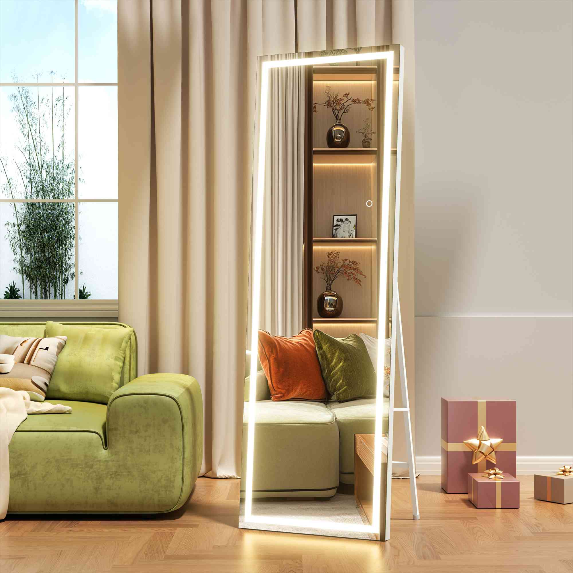 HASIPU Full Length Mirror with Light, Standing Mirror, Tempered Glass, White