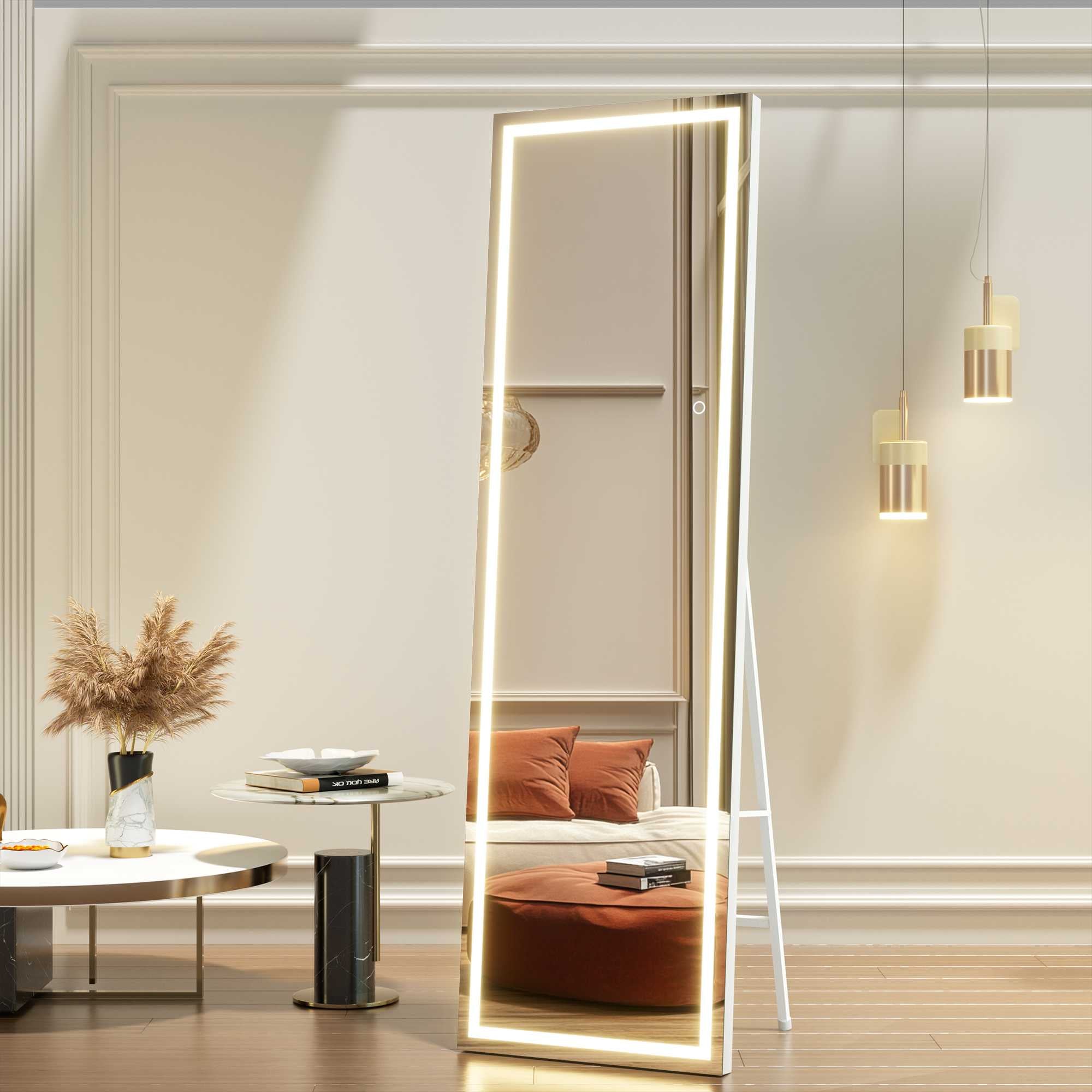 HASIPU Full Length Mirror with Light, Standing Mirror, Tempered Glass, White