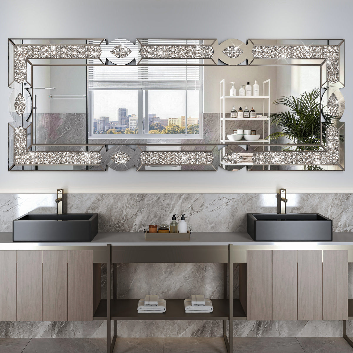 Hasipu Geometric Rectangular Wall Mirror with Crystal-Inspired Frame ZSBDD
