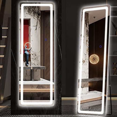 Hasipu Full Length Mirror with Lights, 56" x 16" LED Floor Mirror, Full Body Dressing Standing Mirror, Hanging Mounted Mirror for Living Room Bedroom Cloakroom, Round Black