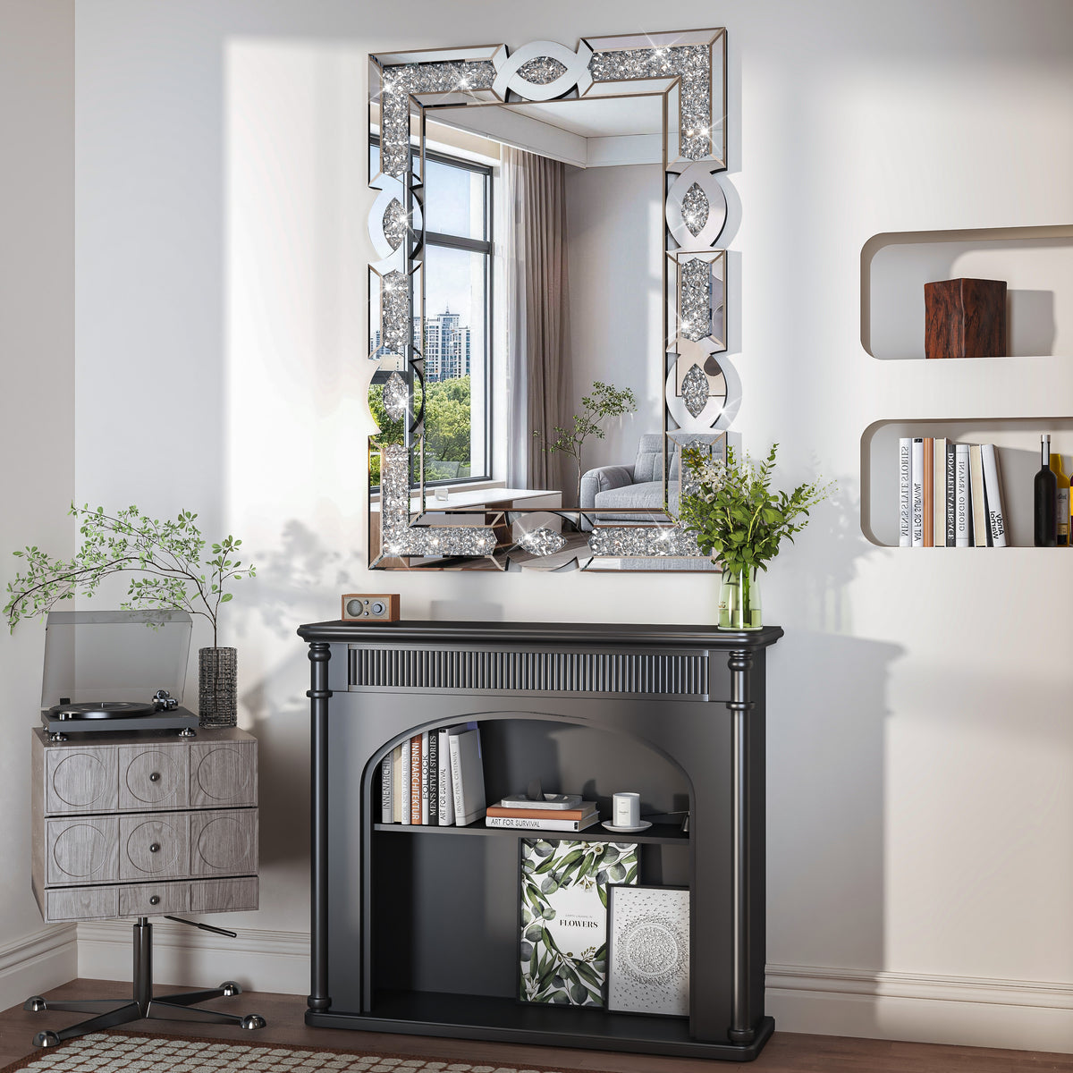 Hasipu Geometric Rectangular Wall Mirror with Crystal-Inspired Frame ZSBDD