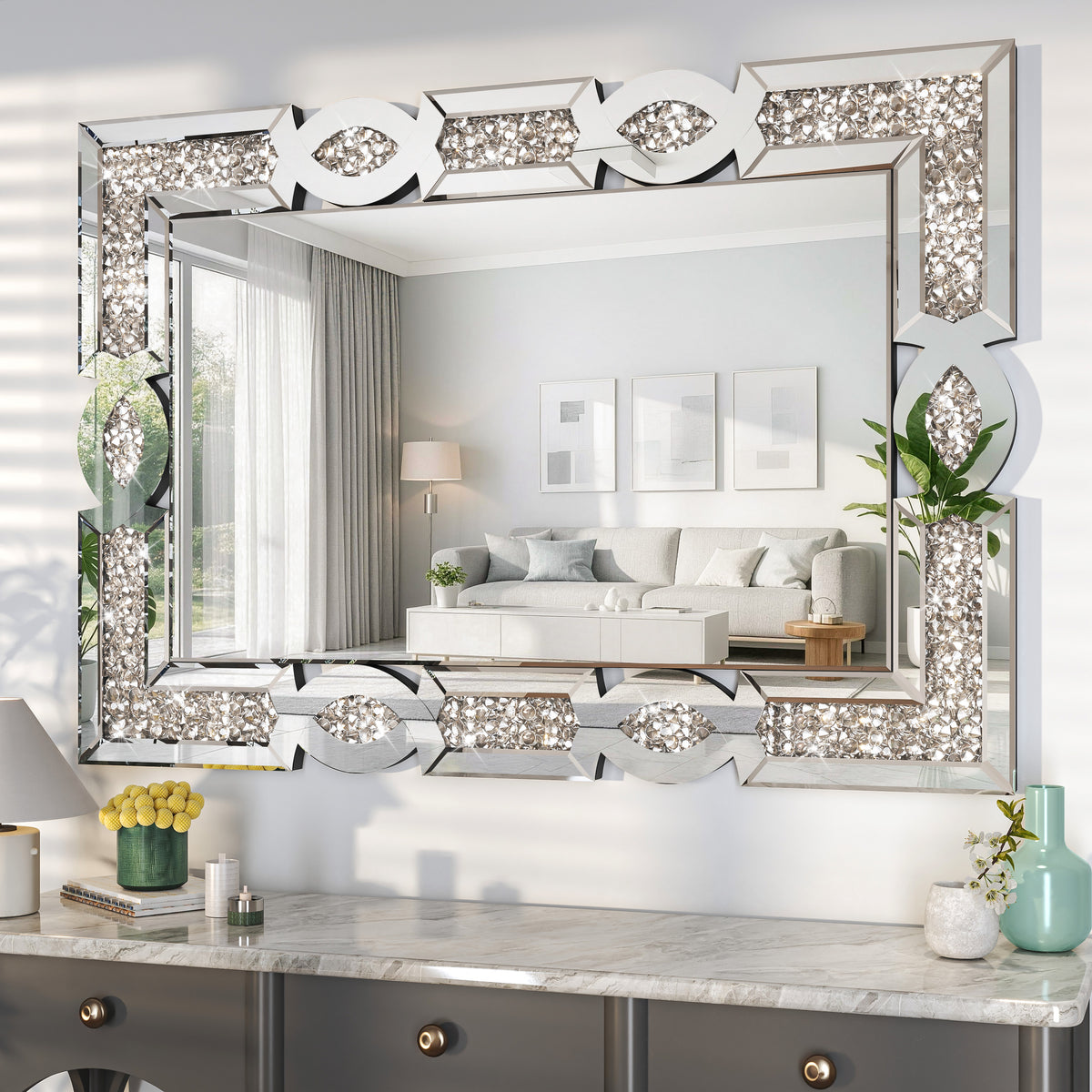 Hasipu Geometric Rectangular Wall Mirror with Crystal-Inspired Frame ZSBDD