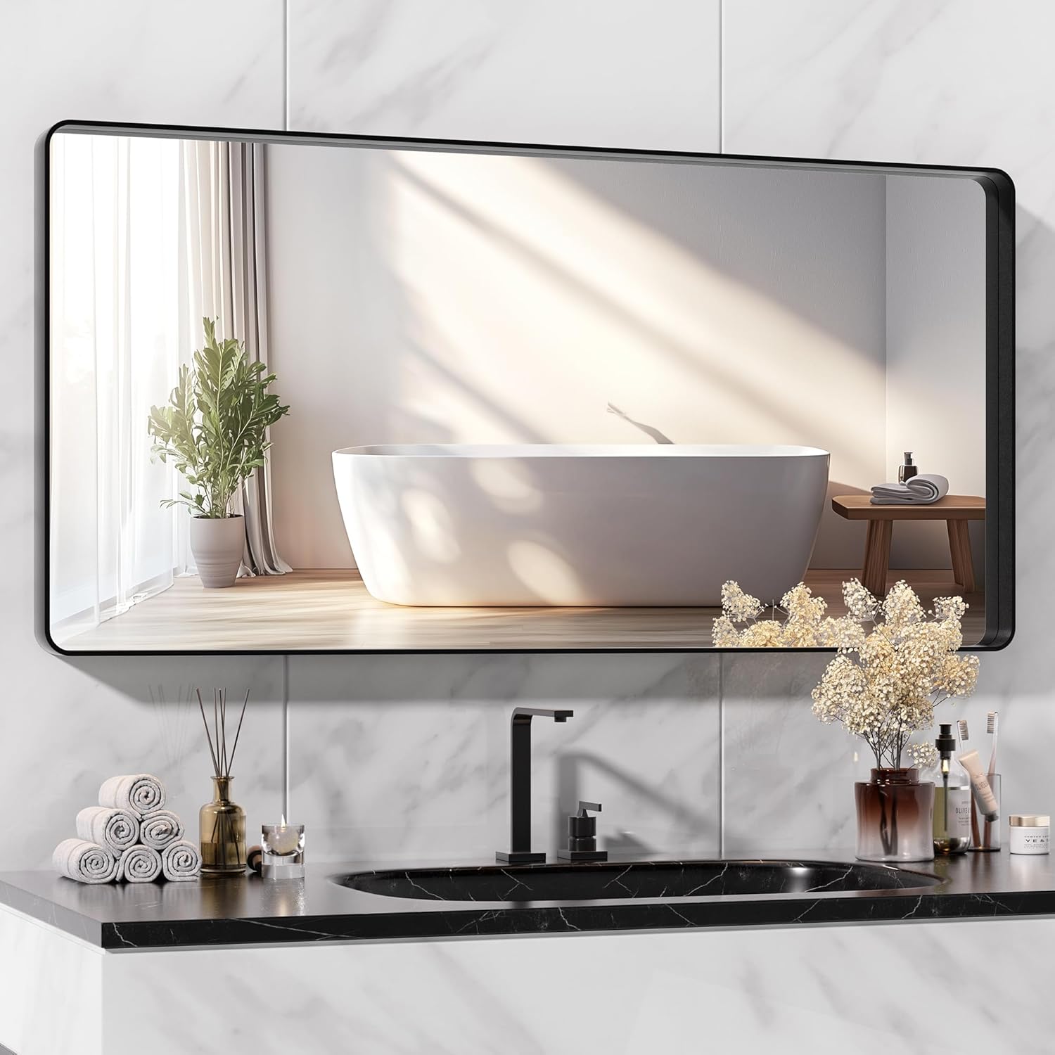 HASIPU Bathroom Mirror,Metal Framed Bath Mirror, Rectangle