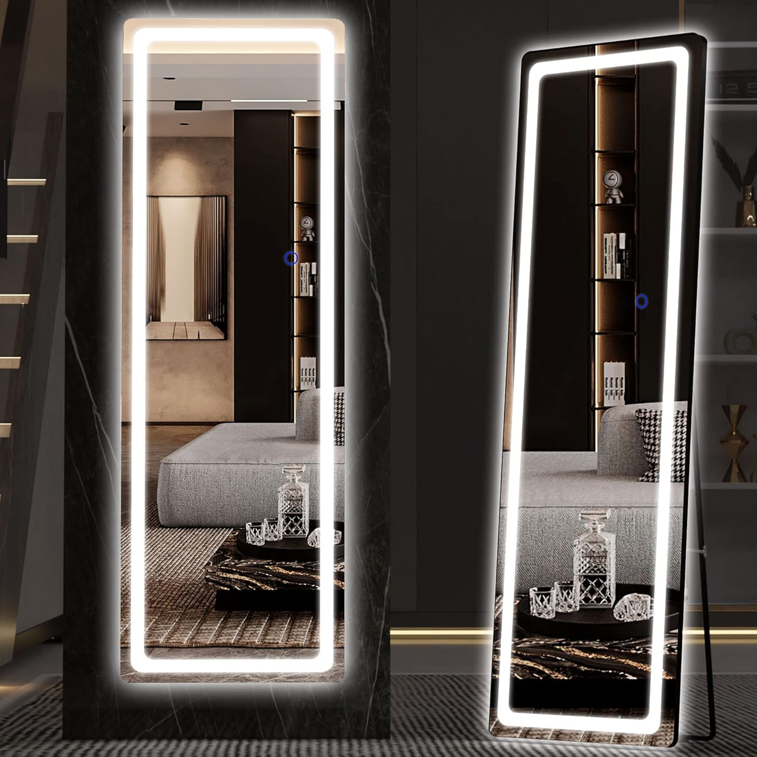 HAISPU Full Length Mirror, Lighted LED Door Mirror, Round Black
