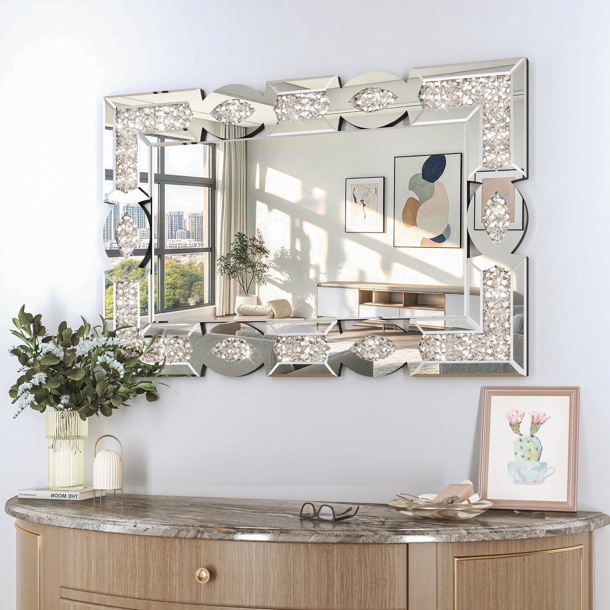 Hasipu Geometric Rectangular Wall Mirror with Crystal-Inspired Frame ZSBDD