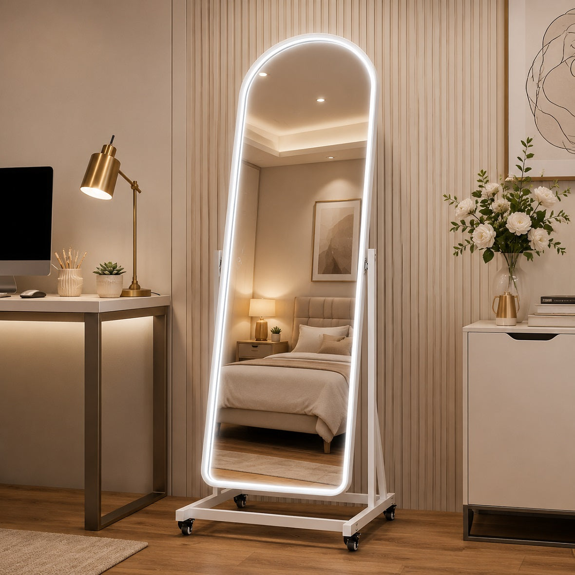 Hasipu Arched Full Length Rolling Mirror on Wheels with Light KM-MOVE-A-BB