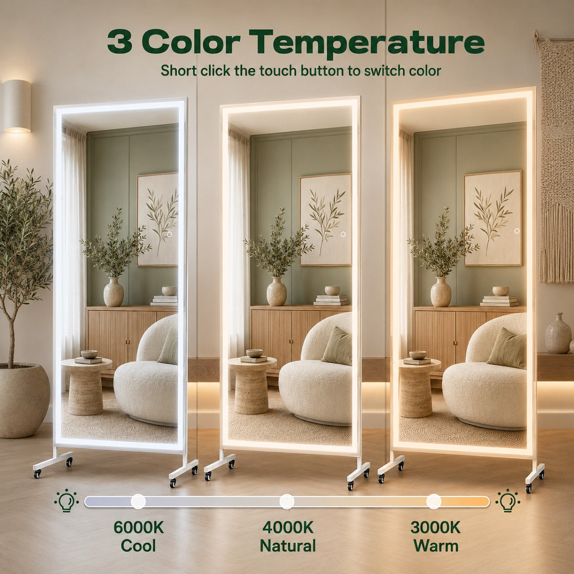 Hasipu Large Rectangle Full-Length Mirror on Wheels with Lights – KM-MOVE-S