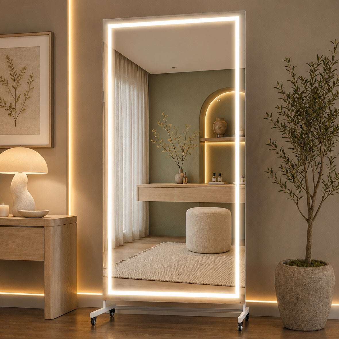 Hasipu Large Rectangle Full-Length Mirror on Wheels with Lights – KM-MOVE-S