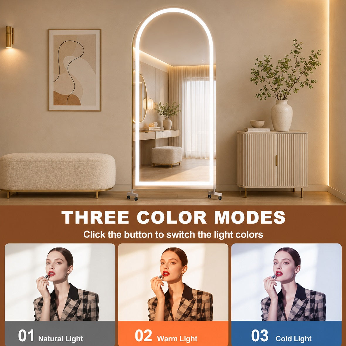 Hasipu Arched Full-Length Gym Mirror on Wheels with LED Lights – KM-MOVE-S