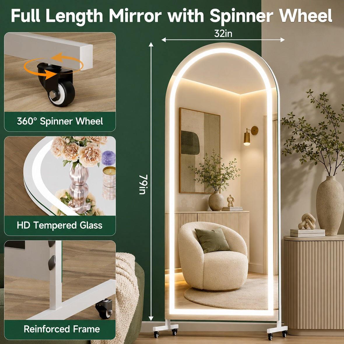 Hasipu Arched Full-Length Gym Mirror on Wheels with LED Lights – KM-MOVE-S
