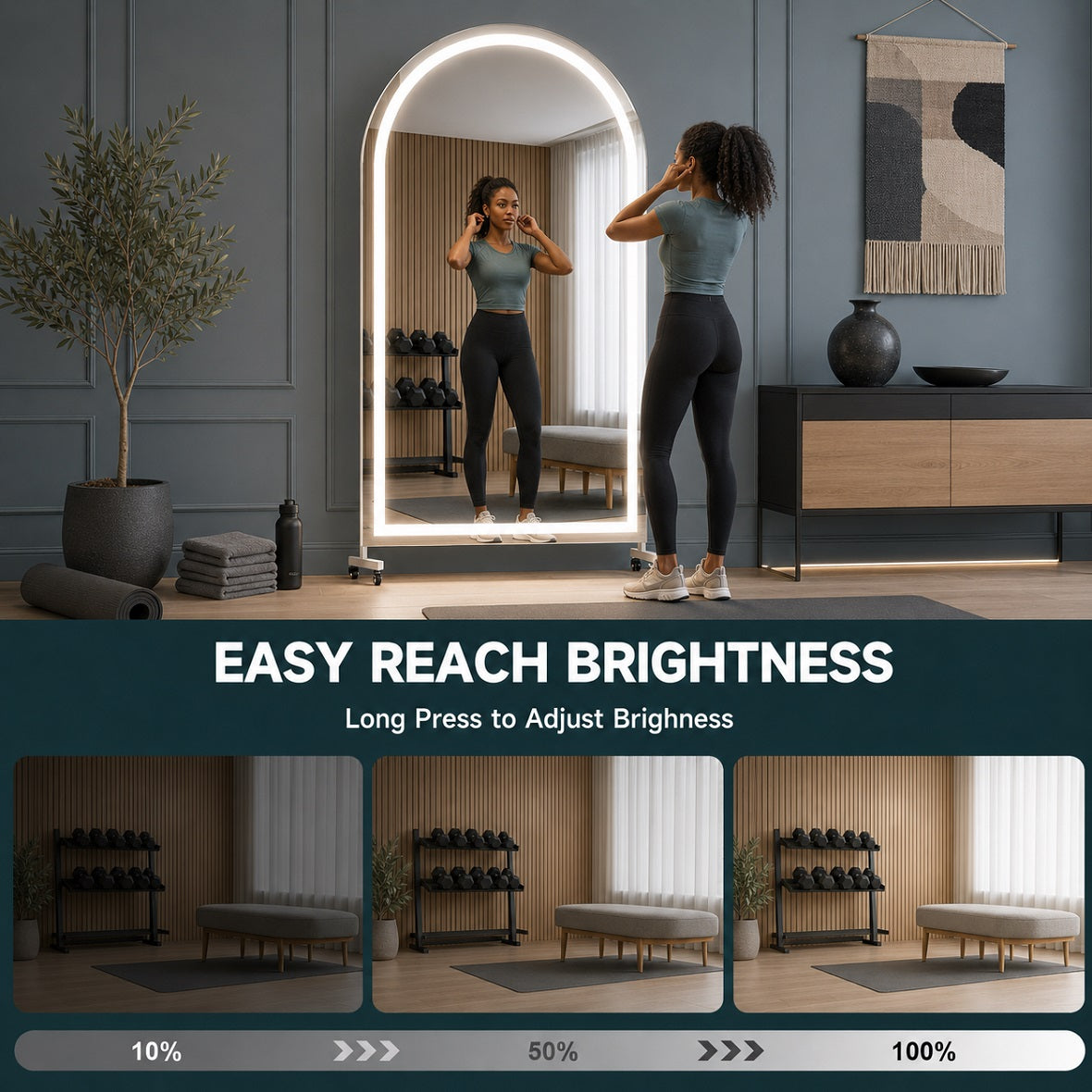 Hasipu Arched Full-Length Gym Mirror on Wheels with LED Lights – KM-MOVE-S