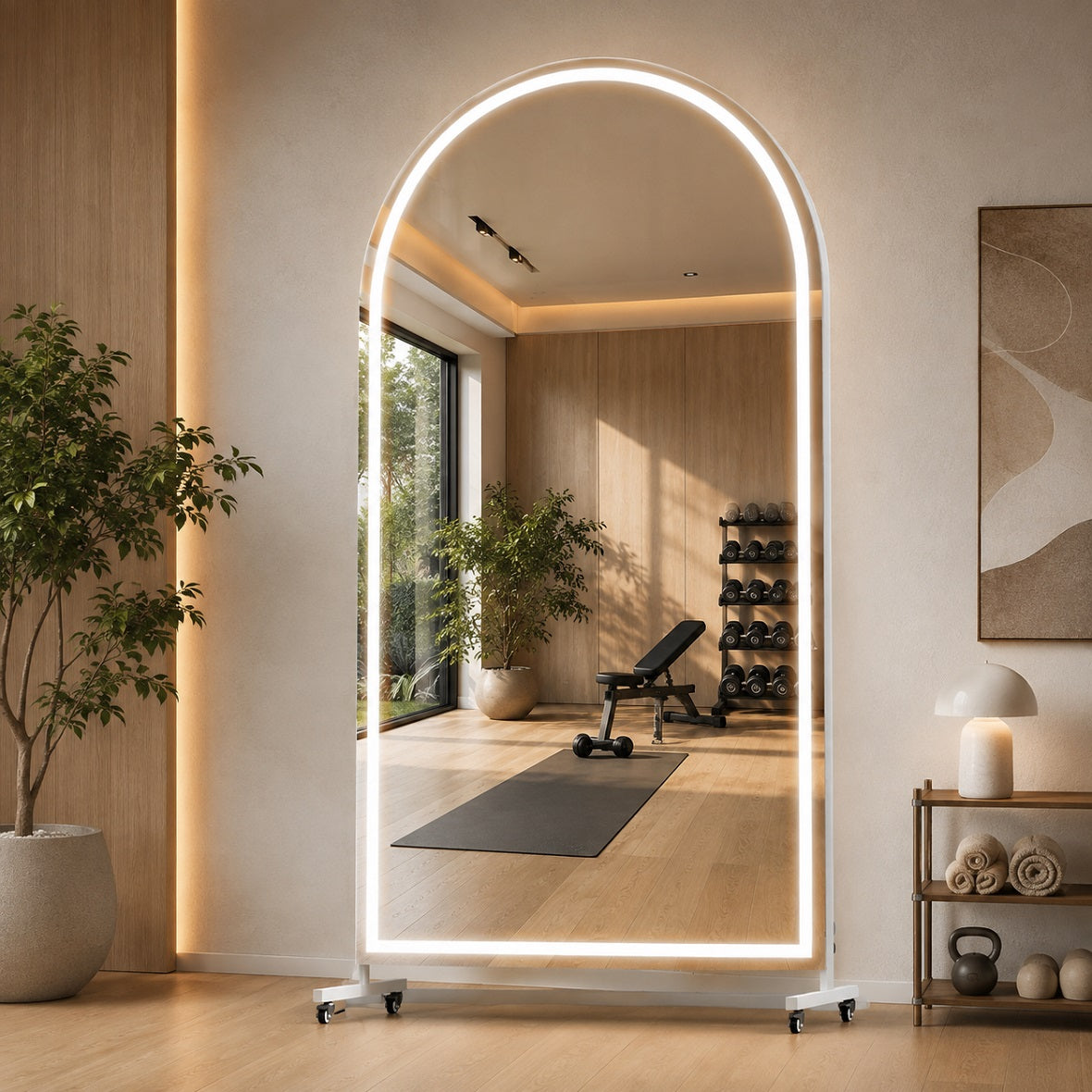 Hasipu Arched Full-Length Gym Mirror on Wheels with LED Lights – KM-MOVE-S
