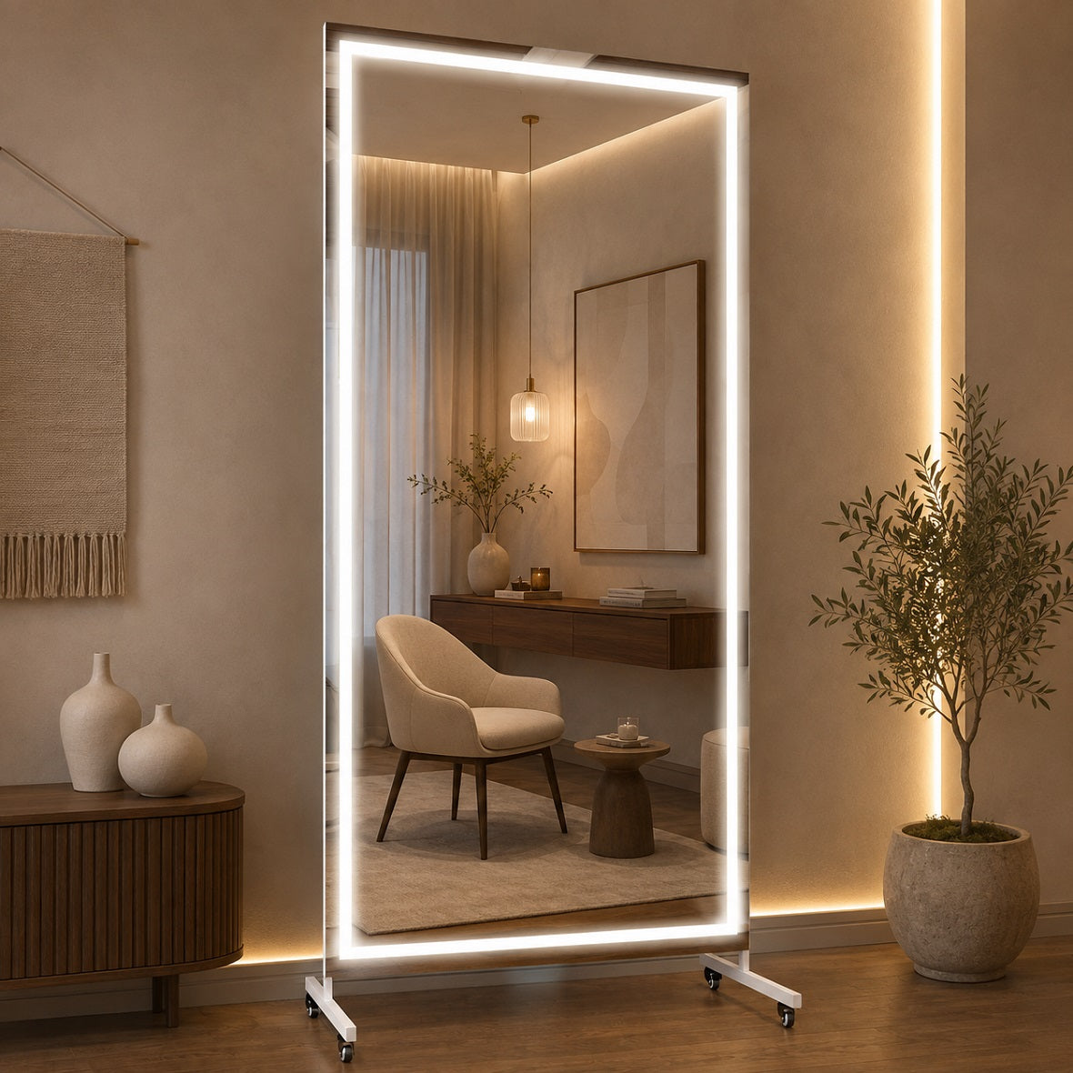 Hasipu Large Rectangle Full-Length Mirror on Wheels with Lights – KM-MOVE-S