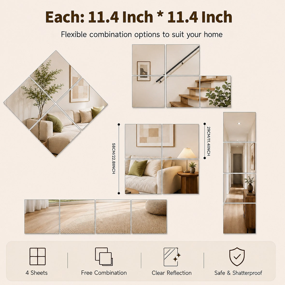 Hasipu Frameless Glass Mirrors Tiles for Flexible Wall Design KM-WALL