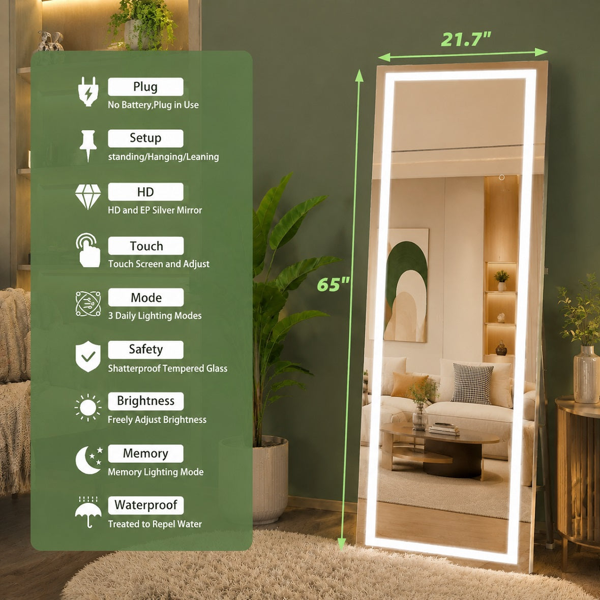 Hasipu LED Full Length Mirror with Lights, Dimmable Standing Floor Mirror LD007