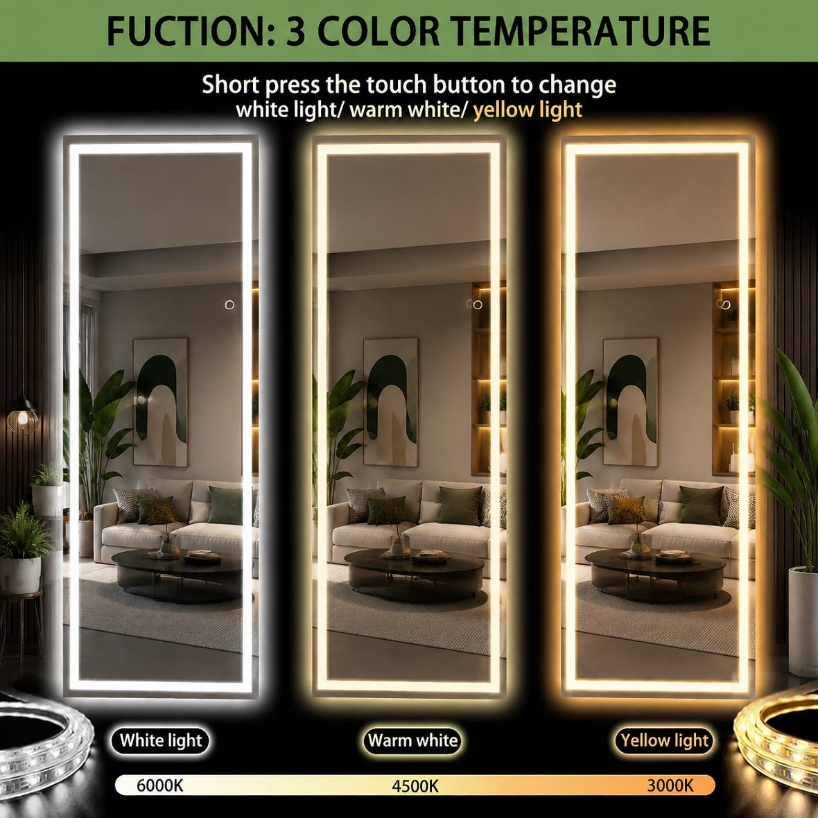 Hasipu LED Full Length Mirror with Lights, Dimmable Standing Floor Mirror LD007
