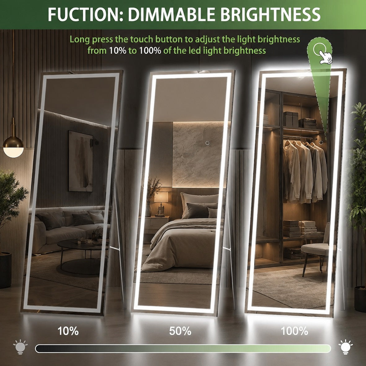 Hasipu LED Full Length Mirror with Lights, Dimmable Standing Floor Mirror LD007